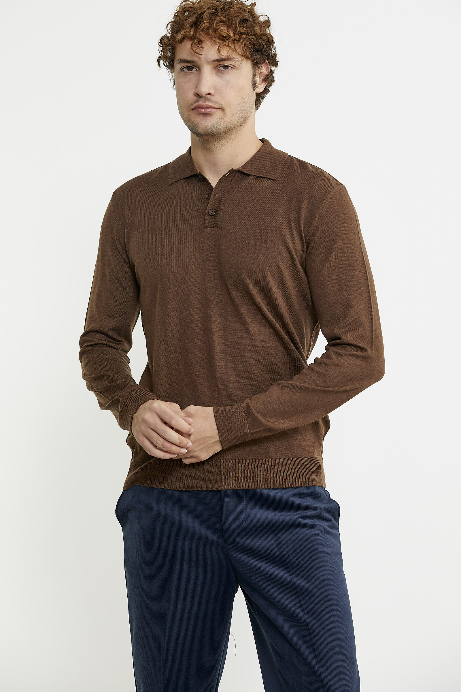 Erkek Polo Yaka Triko Kazak - Kahve - Sementa