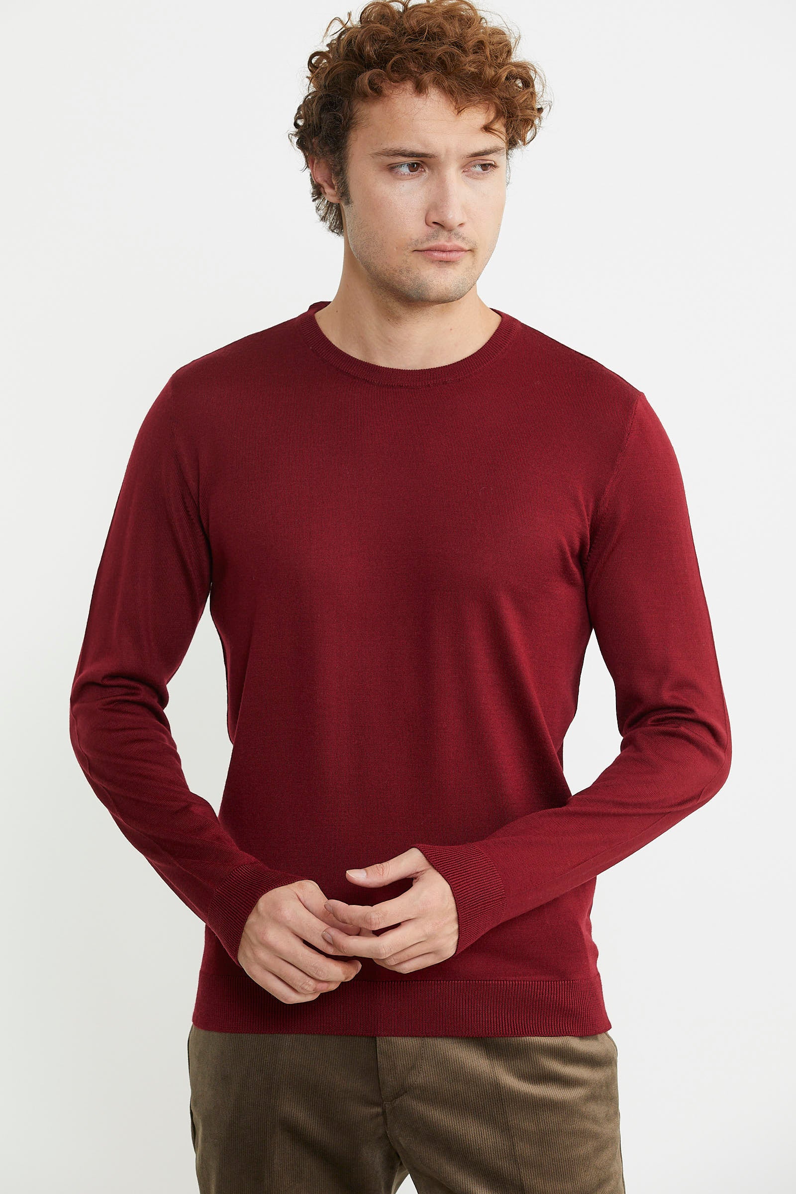 Erkek Sıfır Yaka Basic Triko Kazak - Bordo - Sementa