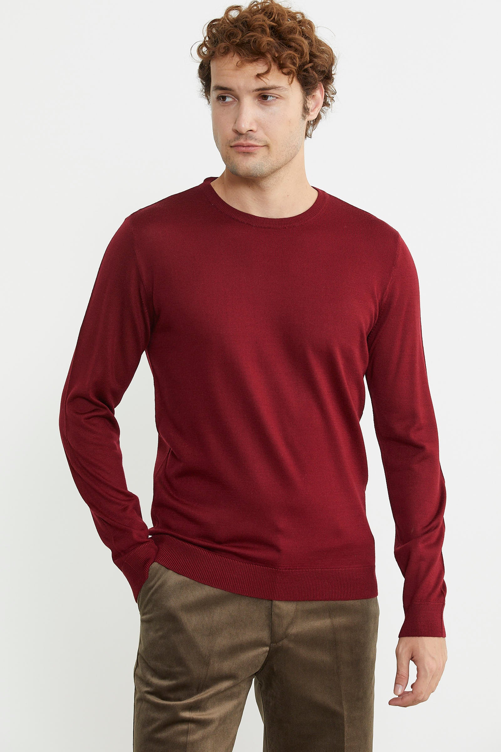 Erkek Sıfır Yaka Basic Triko Kazak - Bordo - Sementa