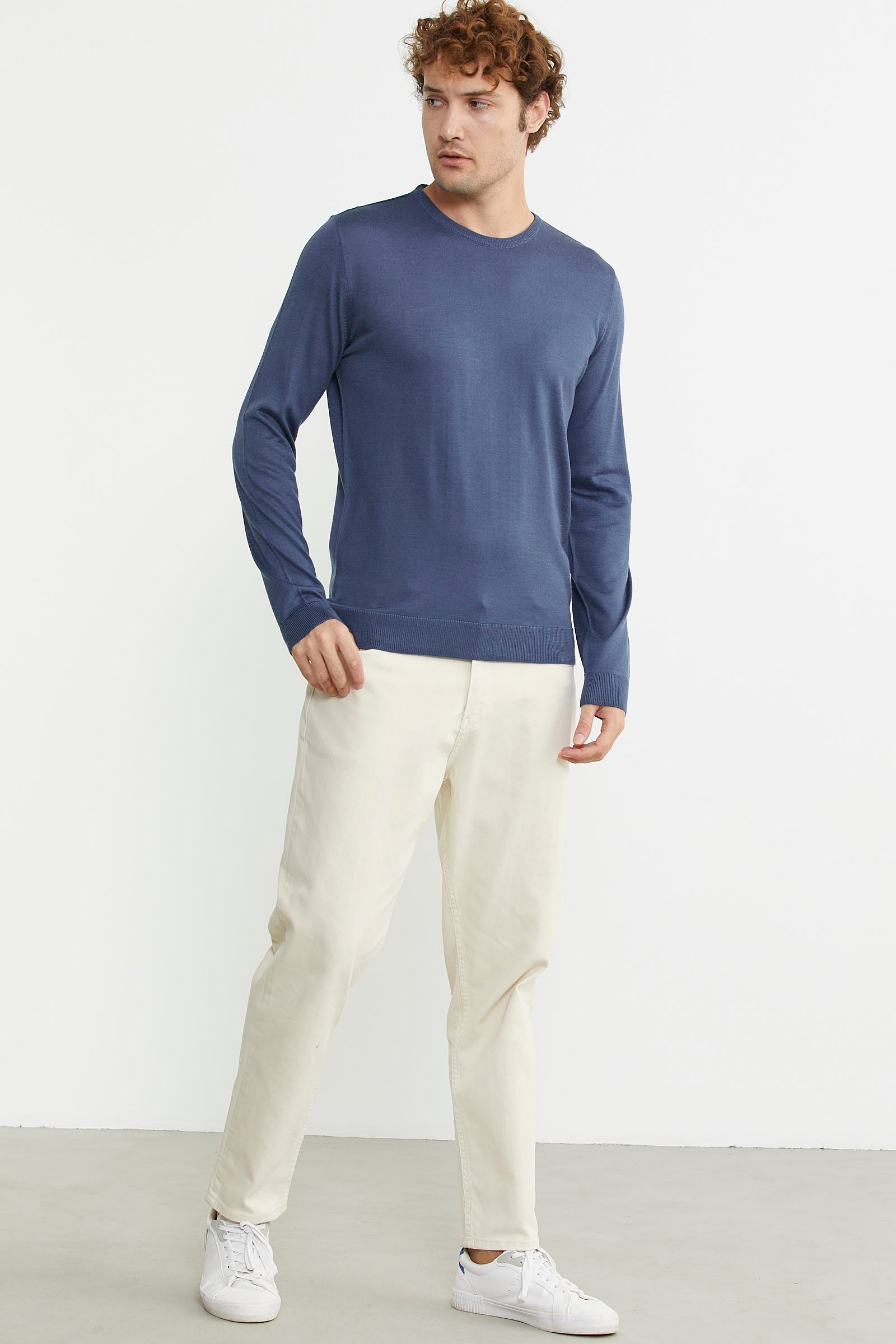 Erkek Sıfır Yaka Basic Triko Kazak - Indigo - Sementa