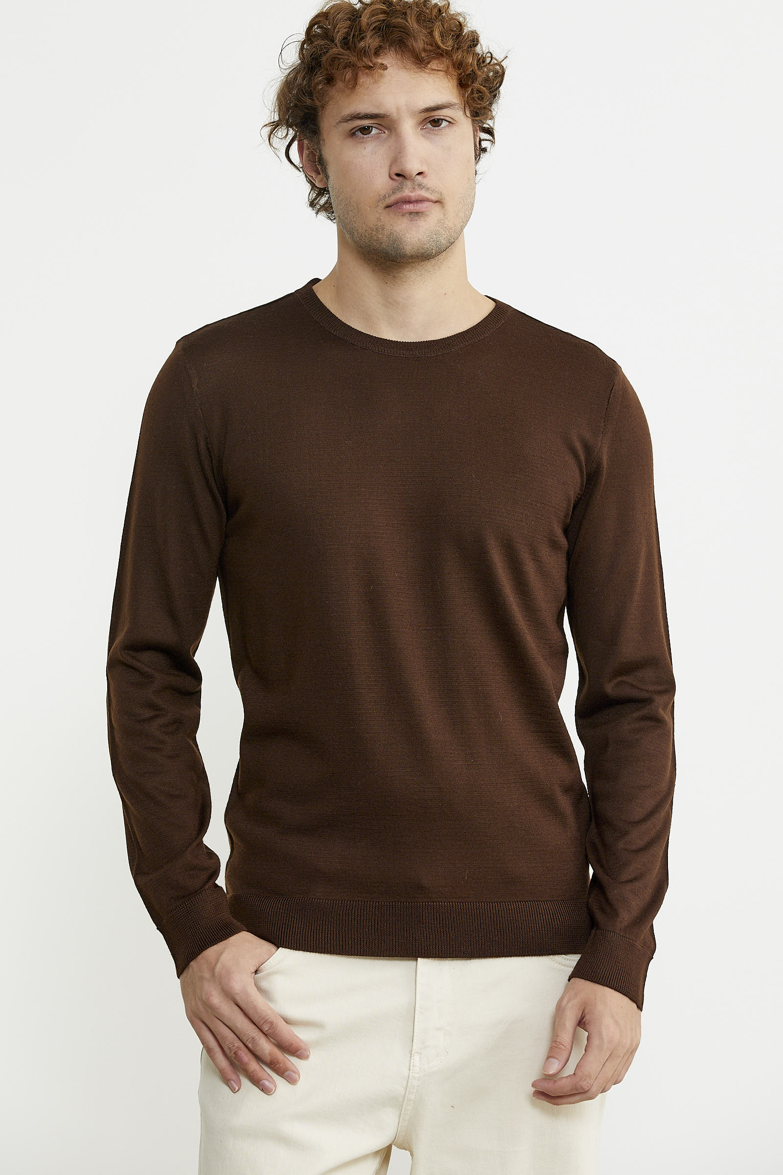 Erkek Sıfır Yaka Basic Triko Kazak - Kahve - Sementa