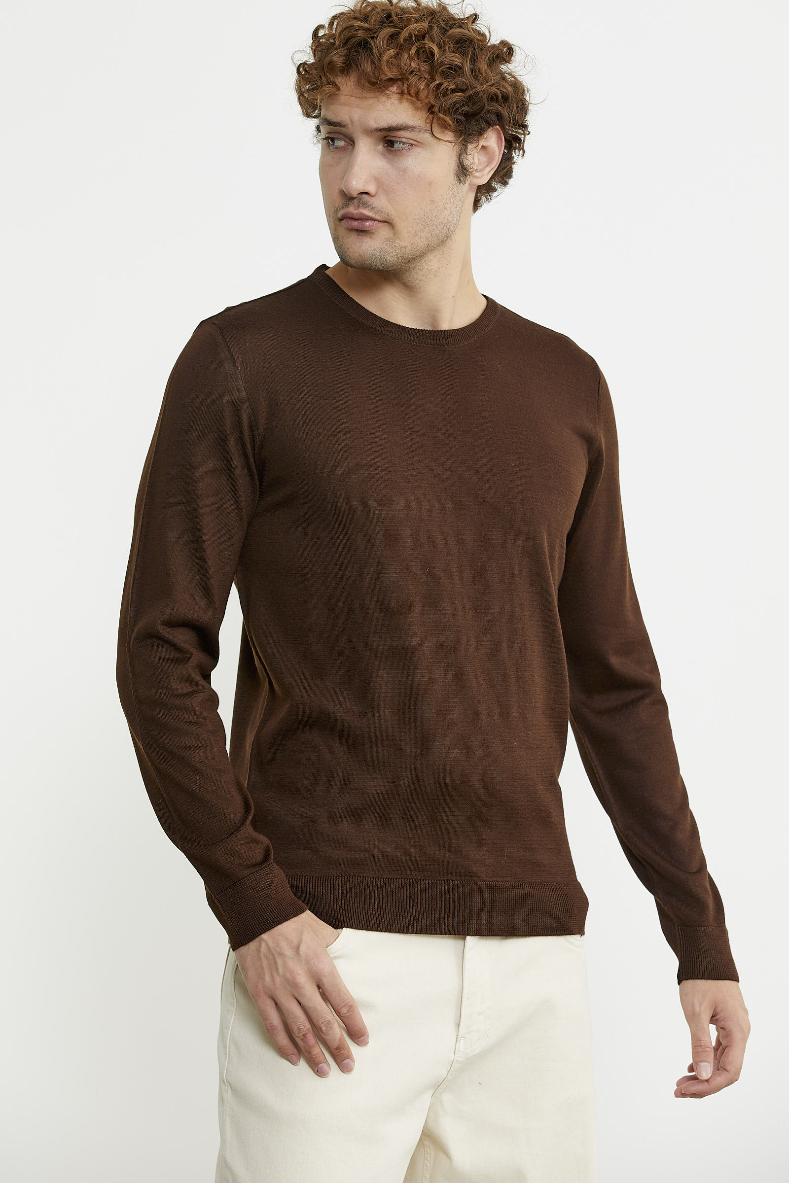 Erkek Sıfır Yaka Basic Triko Kazak - Kahve - Sementa