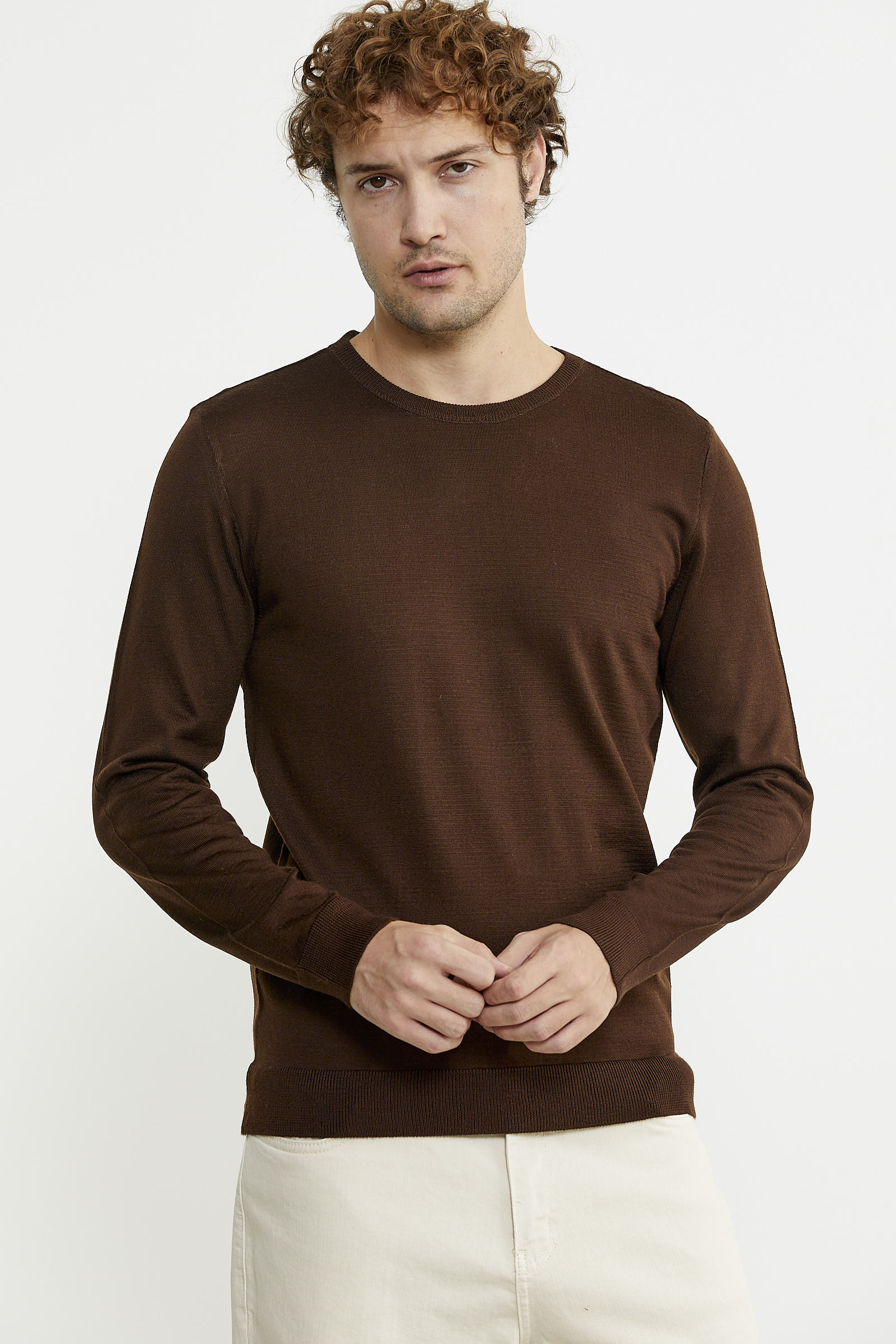 Erkek Sıfır Yaka Basic Triko Kazak - Kahve - Sementa