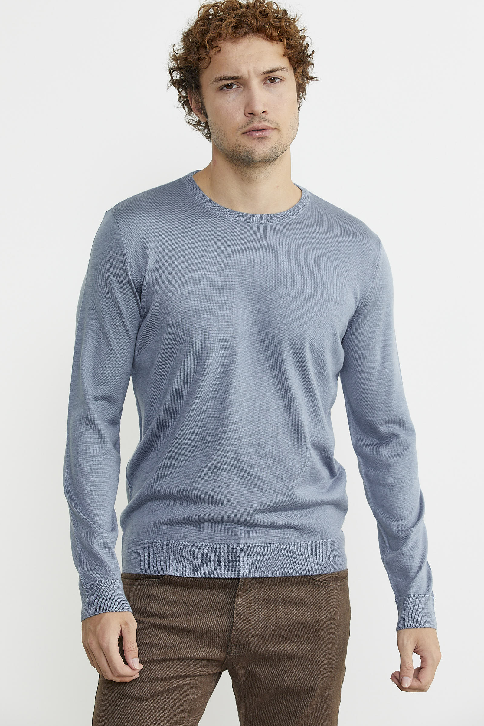 Erkek Sıfır Yaka Basic Triko Kazak - Mavi - Sementa