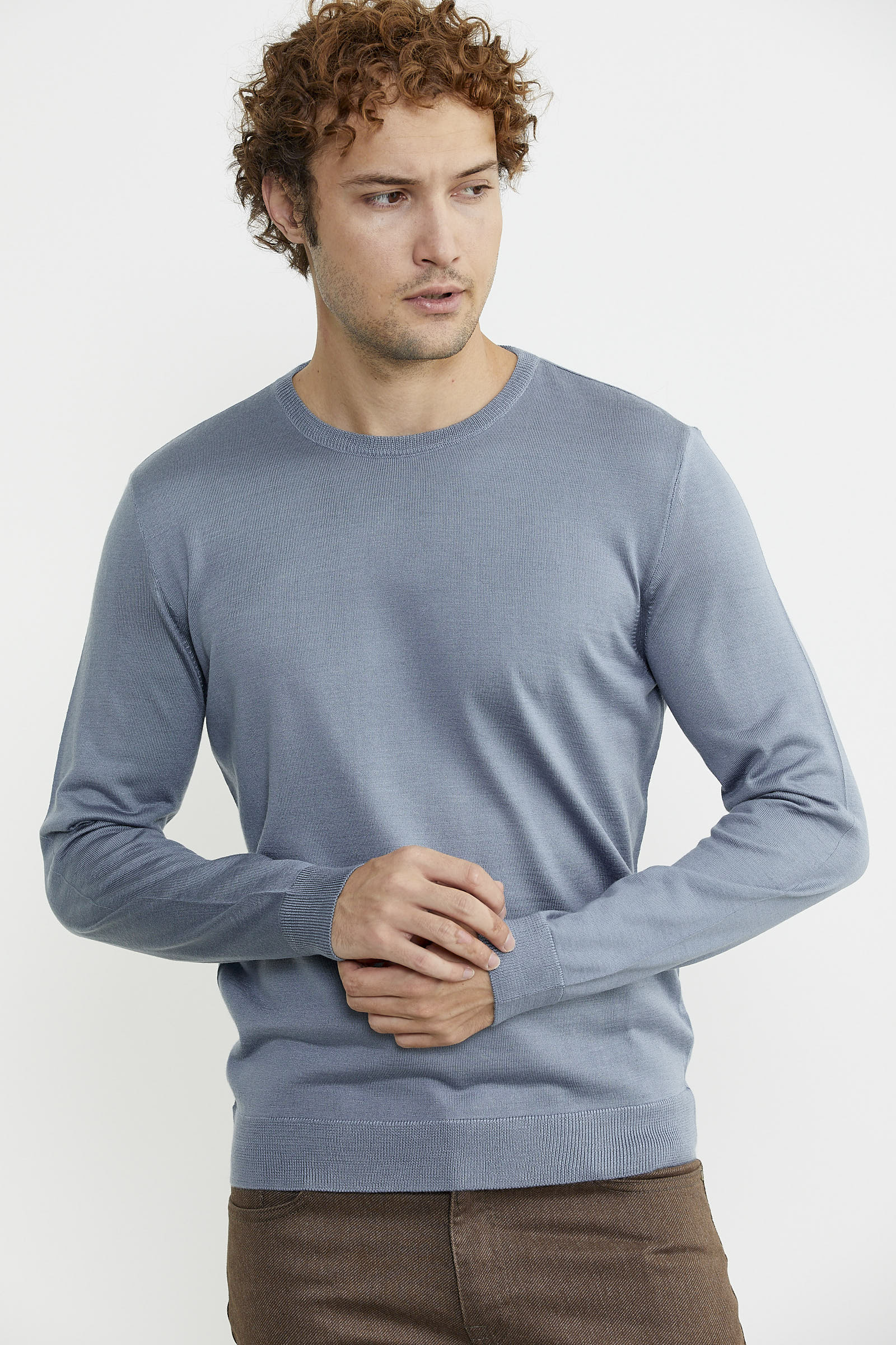 Erkek Sıfır Yaka Basic Triko Kazak - Mavi - Sementa