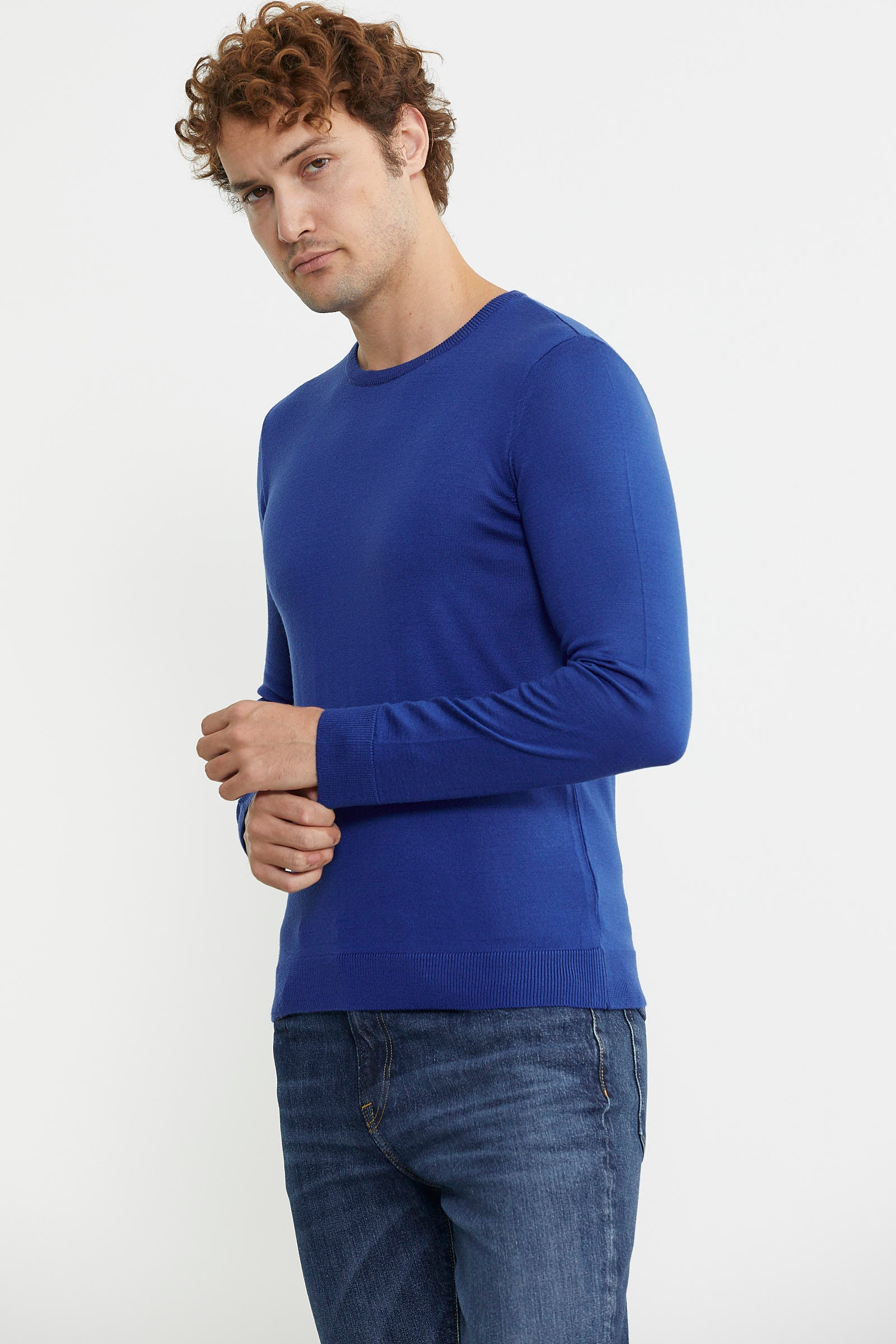 Erkek Sıfır Yaka Basic Triko Kazak - Saks - Sementa