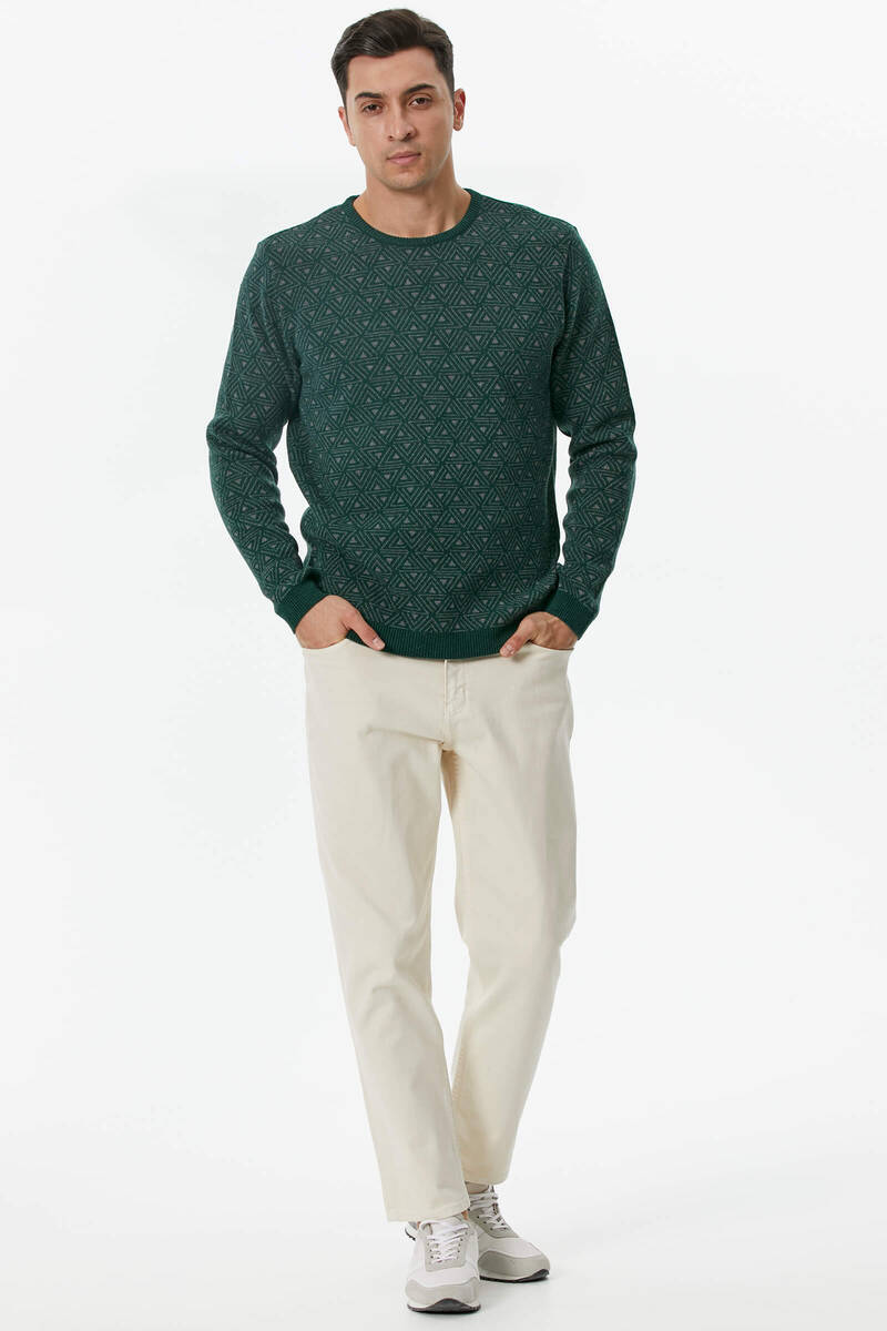 Erkek Sıfır Yaka Desenli Triko Kazak - Koyu Yeşil (5) Sementa