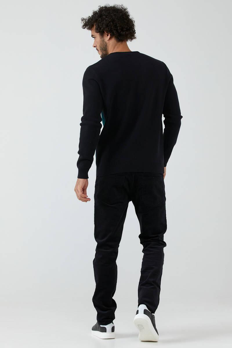 Erkek Sıfır Yaka Desenli Triko Kazak - Siyah - Yeşil (4) Sementa