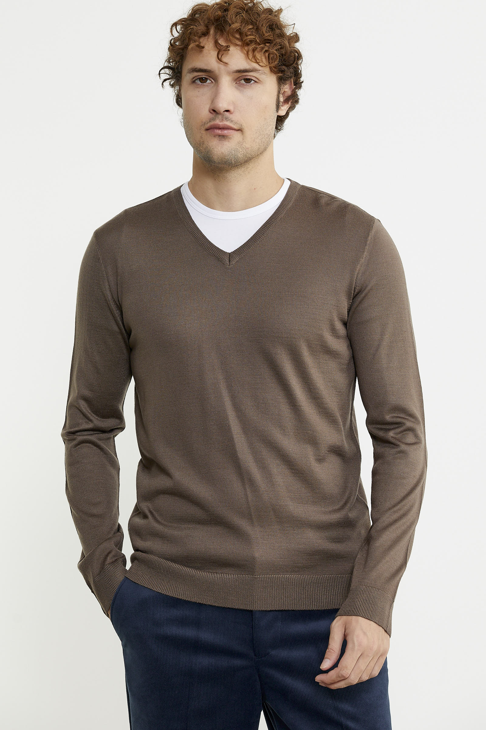 Erkek V Yaka Basic Triko Kazak - Vizon - Sementa