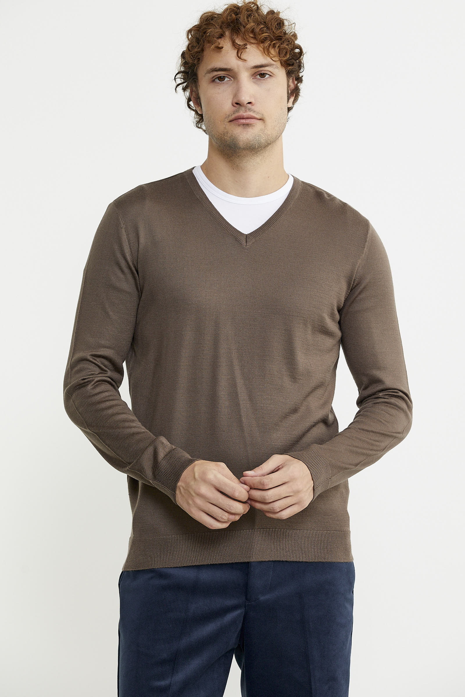 Erkek V Yaka Basic Triko Kazak - Vizon - Sementa