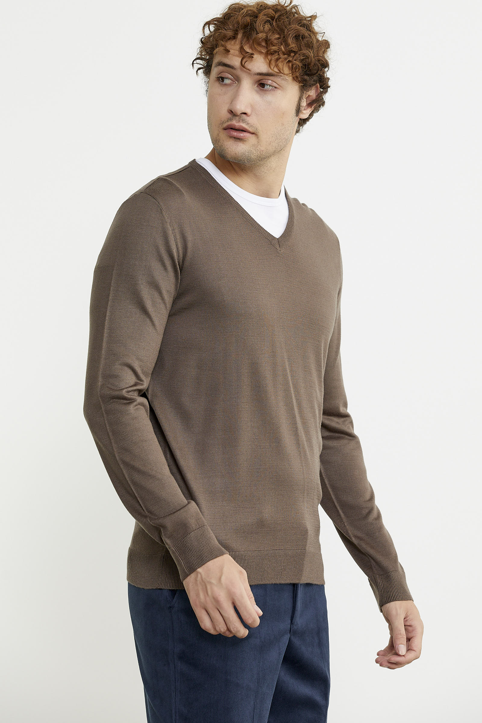 Erkek V Yaka Basic Triko Kazak - Vizon - Sementa