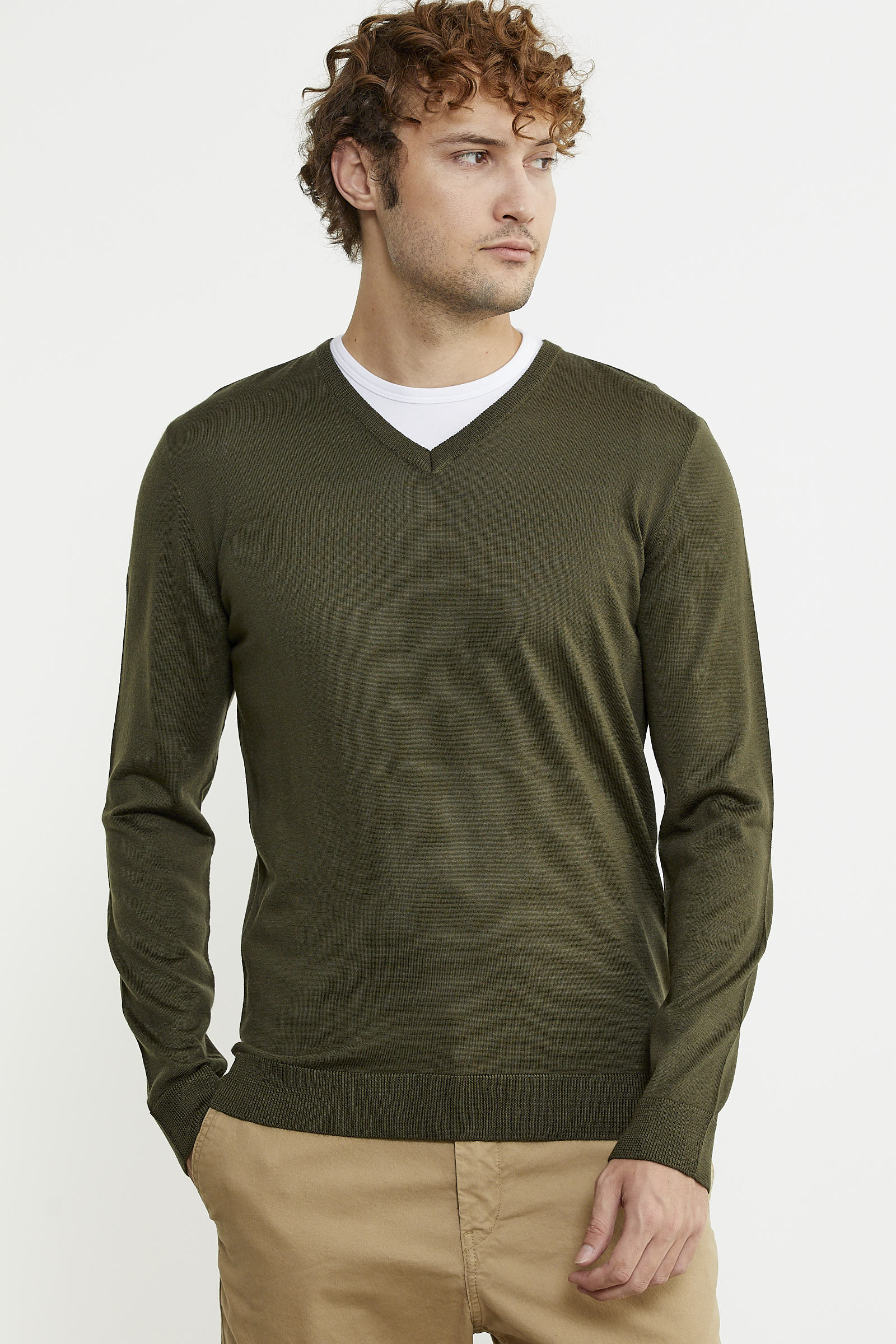 Erkek V Yaka Basic Triko Kazak - Yeşil - Sementa