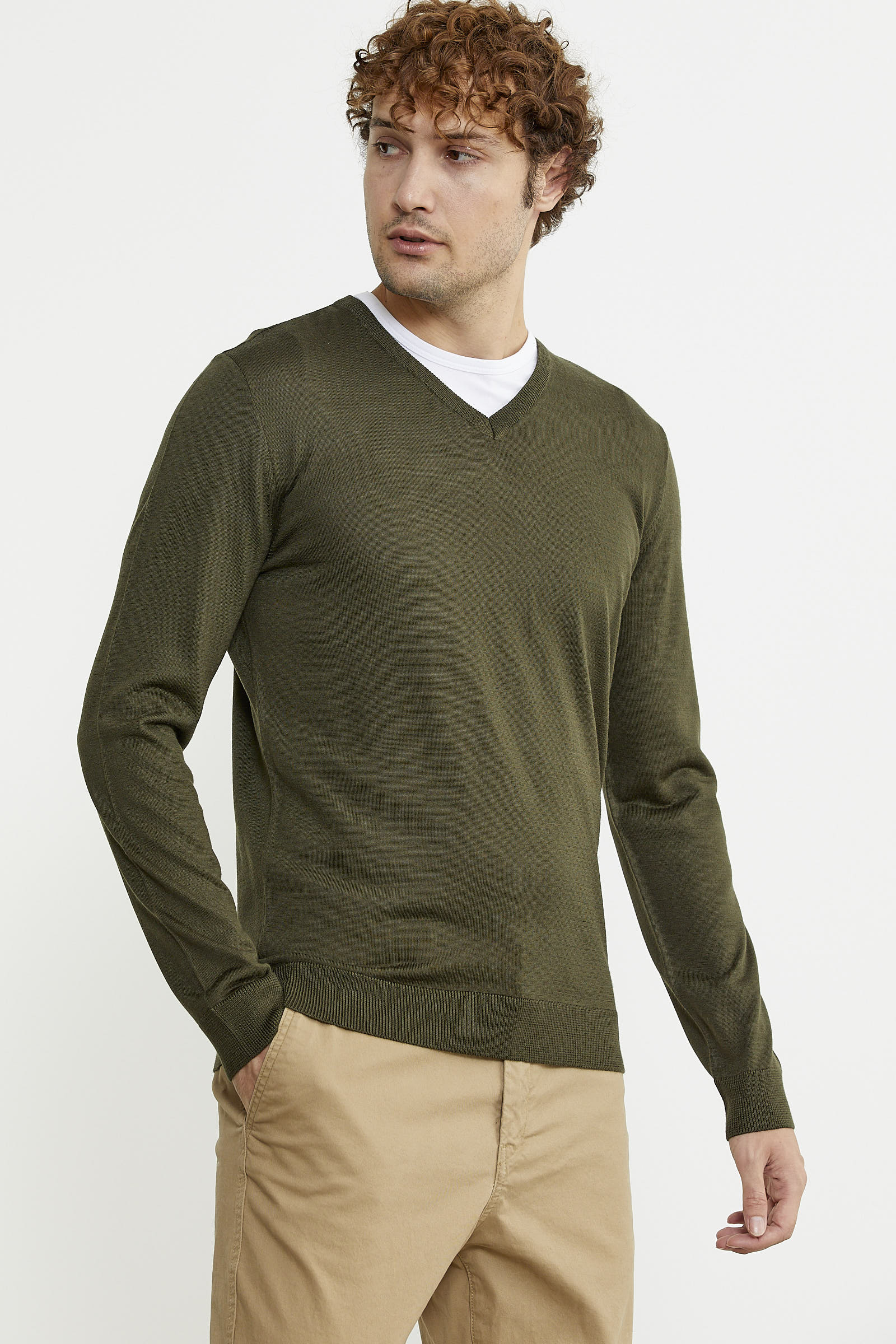 Erkek V Yaka Basic Triko Kazak - Yeşil - Sementa