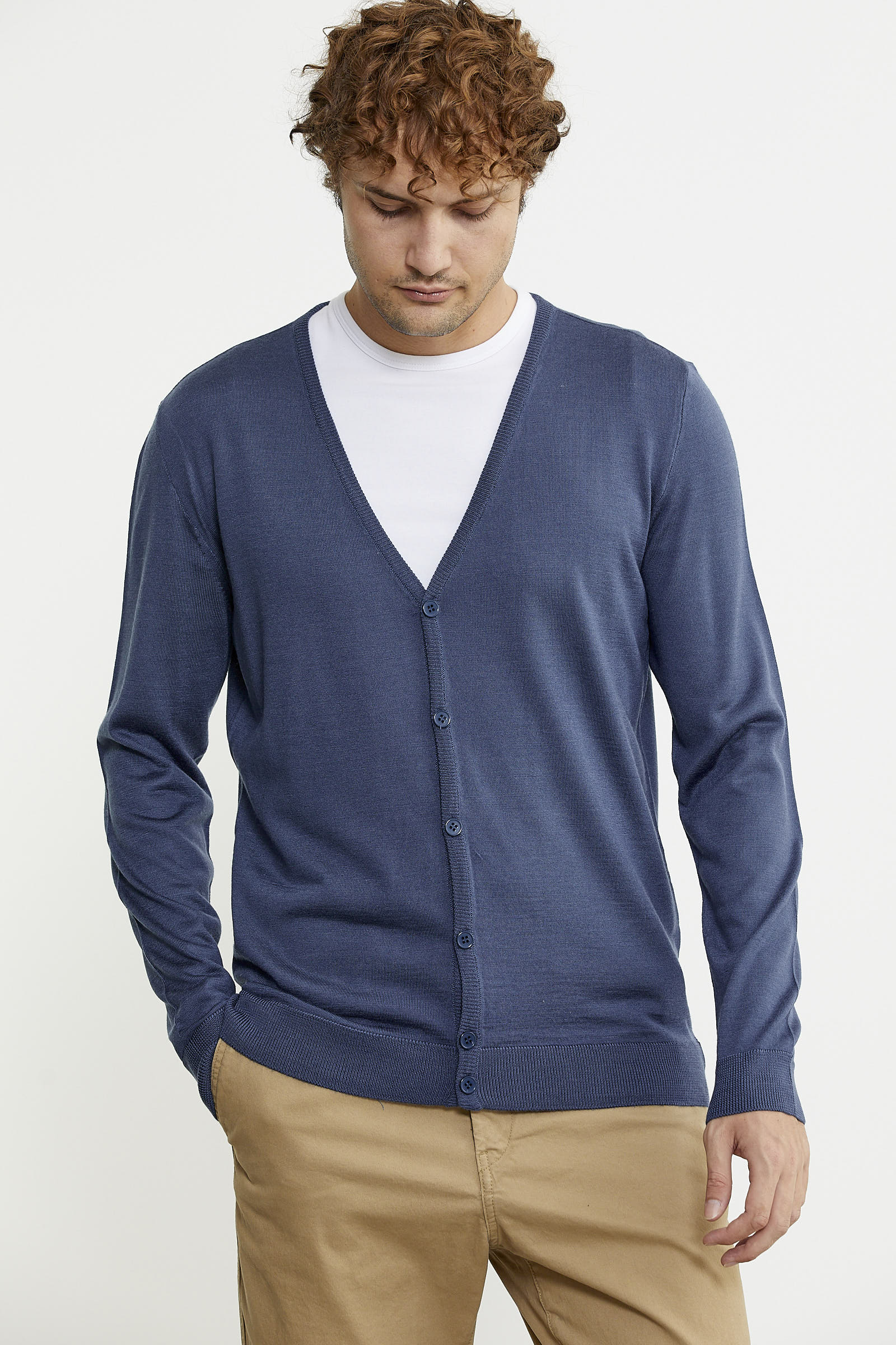 Erkek V Yaka Düğmeli Triko Hırka - Indigo - Sementa