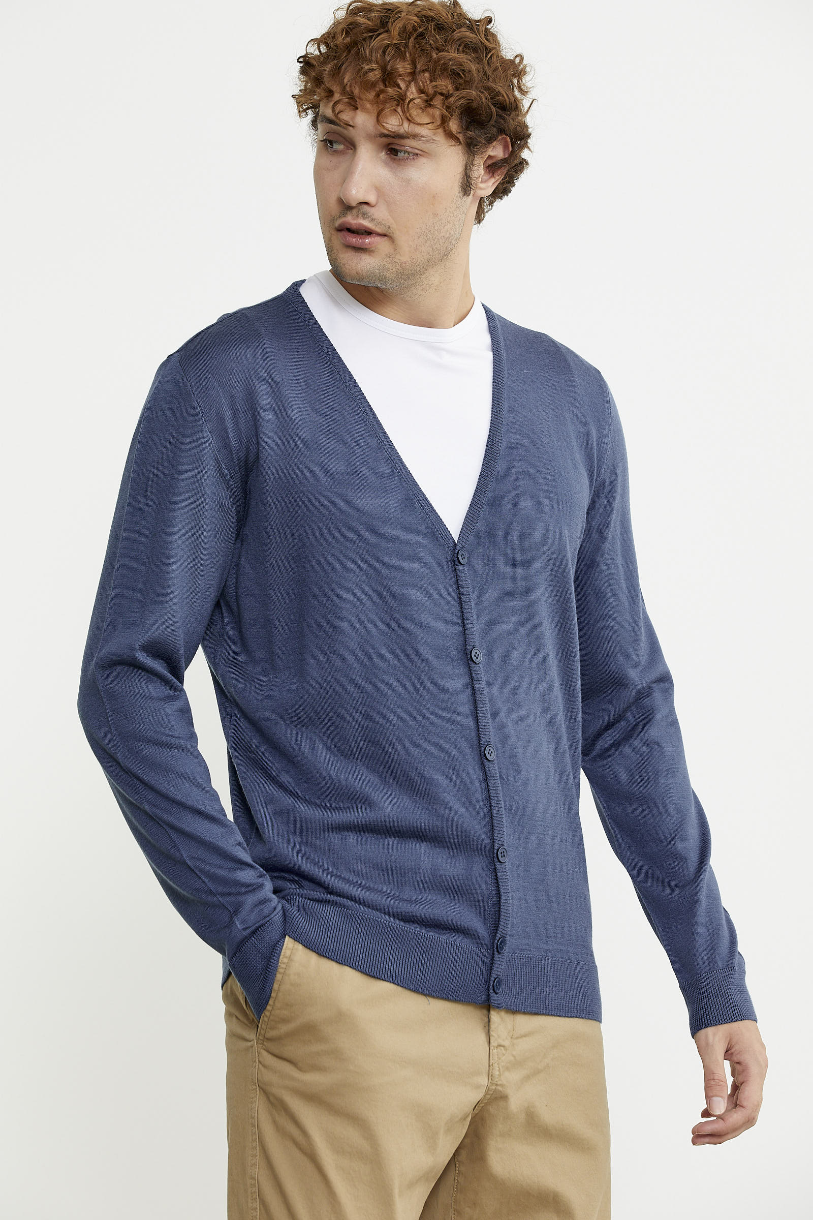 Erkek V Yaka Düğmeli Triko Hırka - Indigo - Sementa