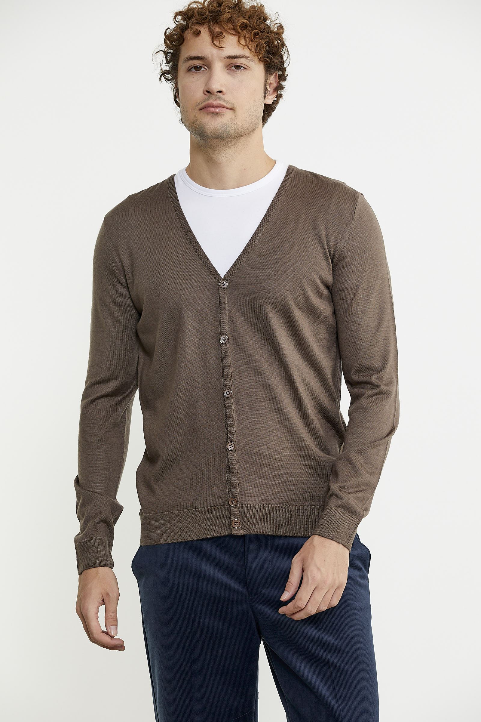 Erkek V Yaka Düğmeli Triko Hırka - Vizon - Sementa