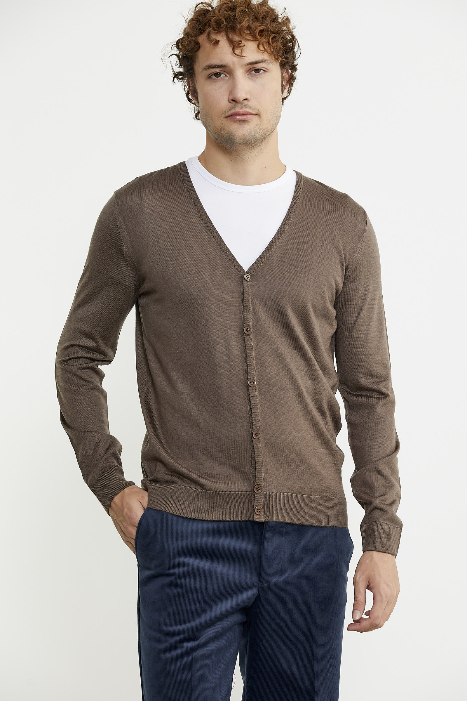 Erkek V Yaka Düğmeli Triko Hırka - Vizon - Sementa