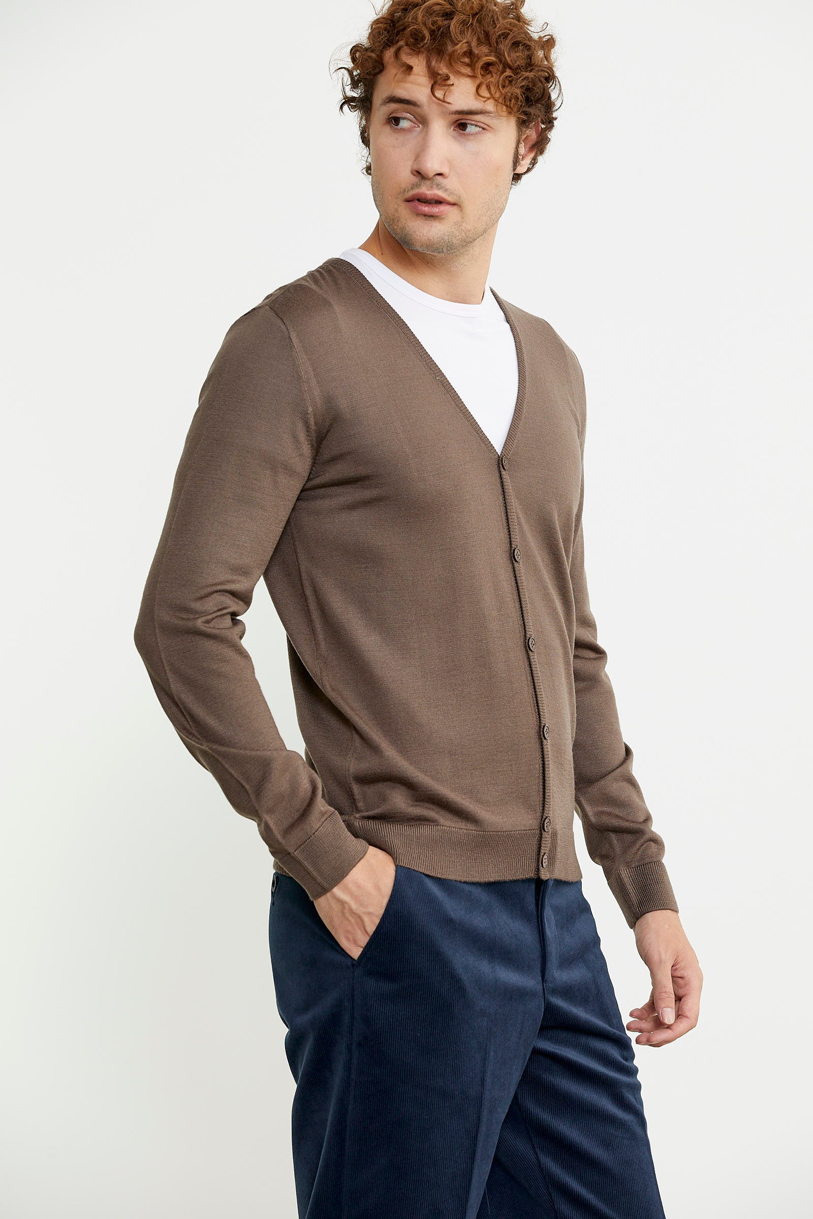 Erkek V Yaka Düğmeli Triko Hırka - Vizon - Sementa