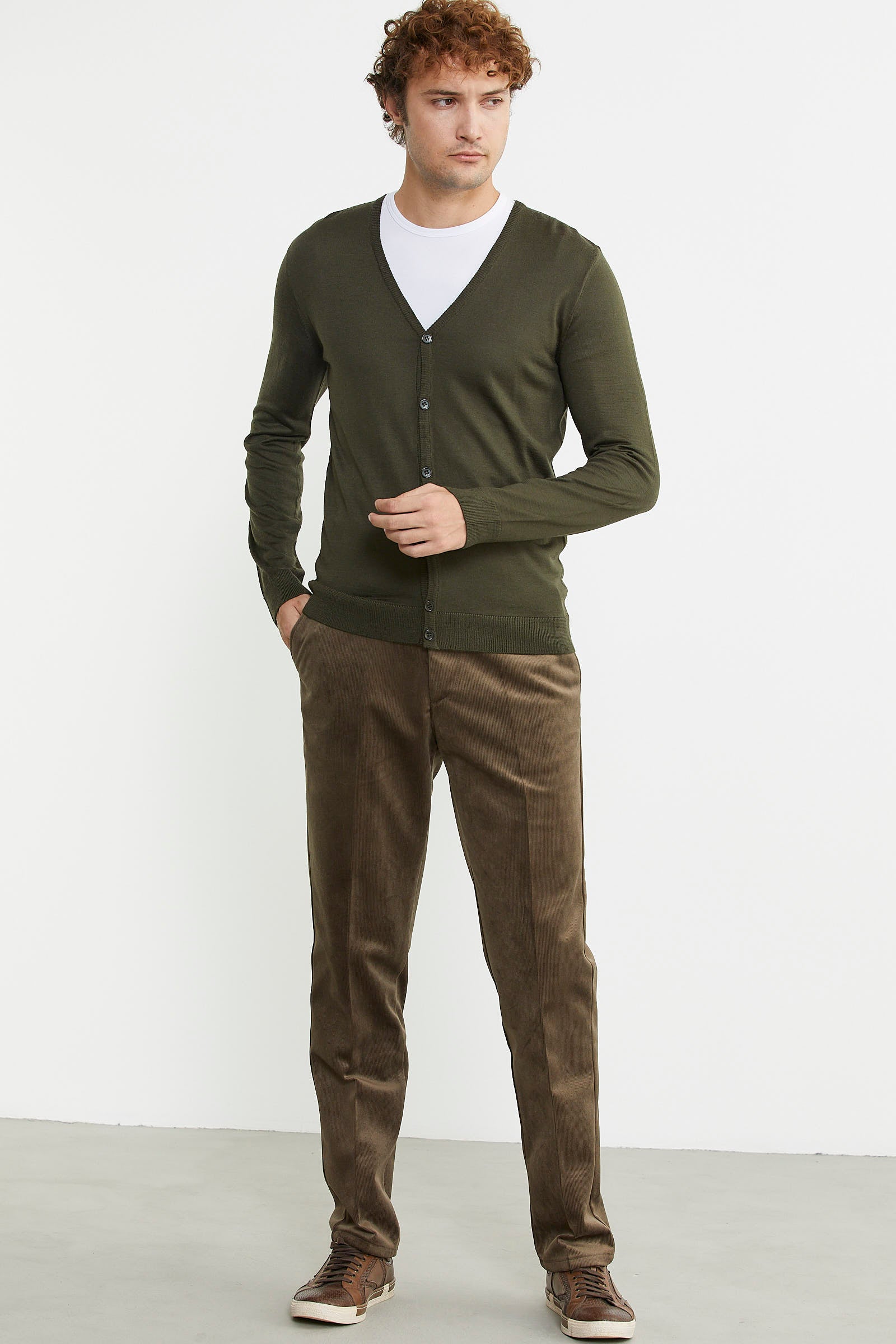 Erkek V Yaka Düğmeli Triko Hırka - Yeşil - Sementa