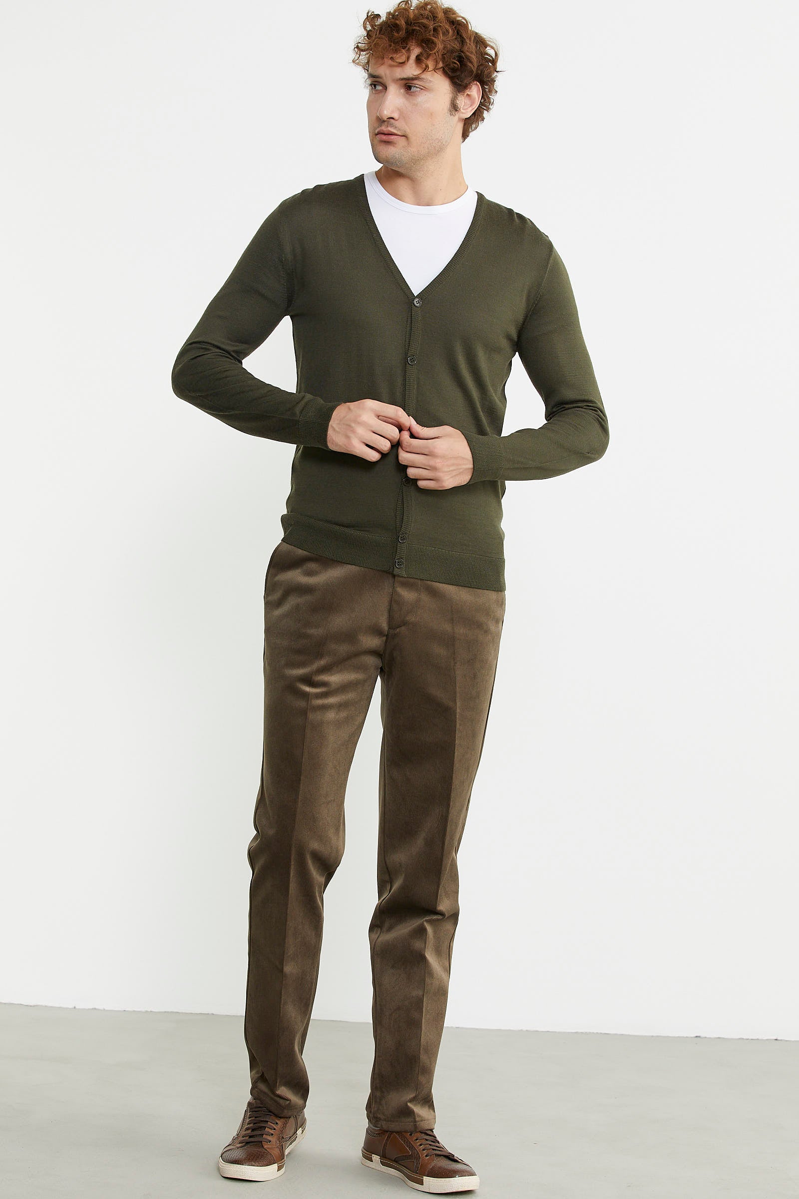 Erkek V Yaka Düğmeli Triko Hırka - Yeşil - Sementa