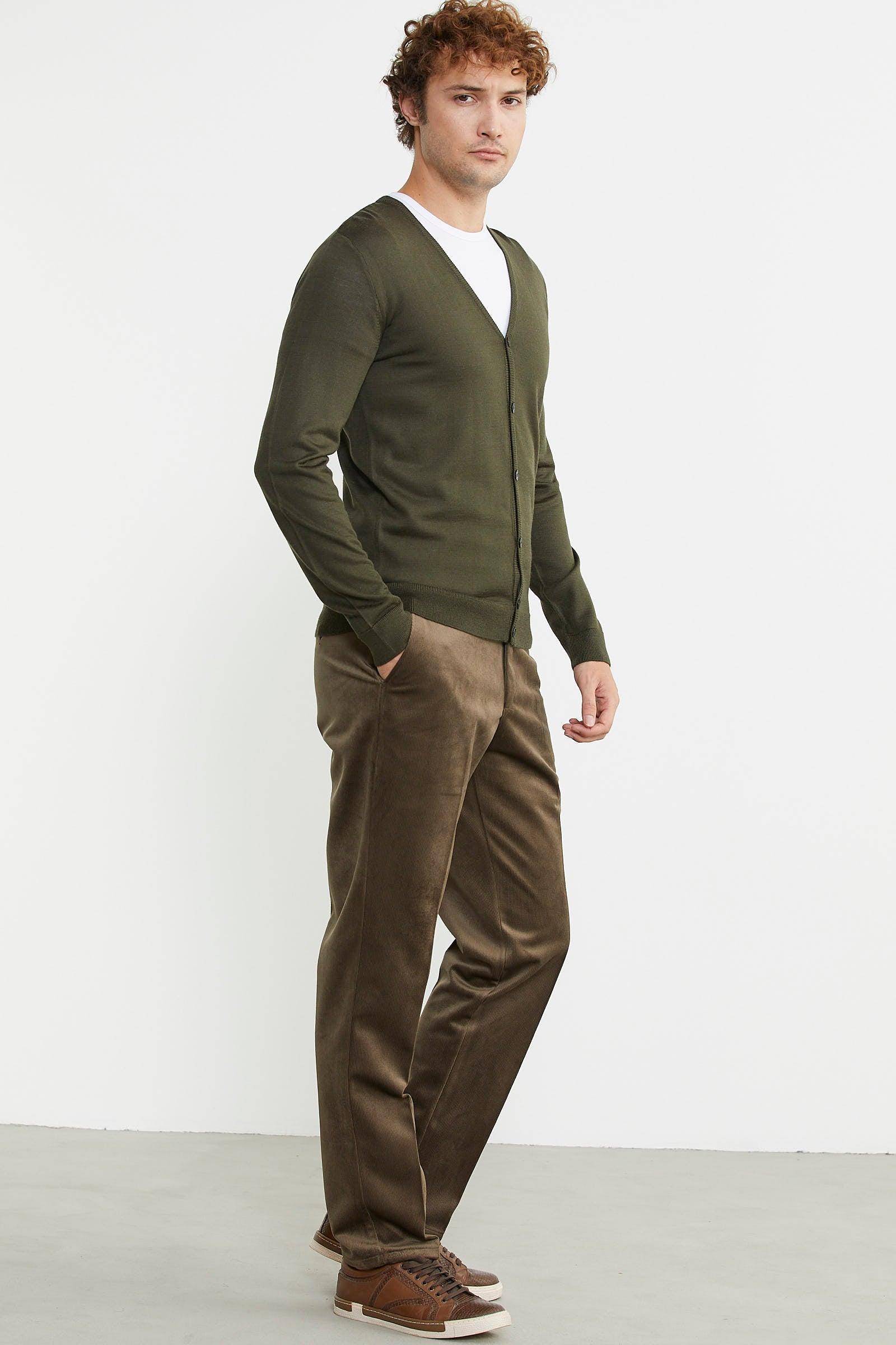 Erkek V Yaka Düğmeli Triko Hırka - Yeşil - Sementa