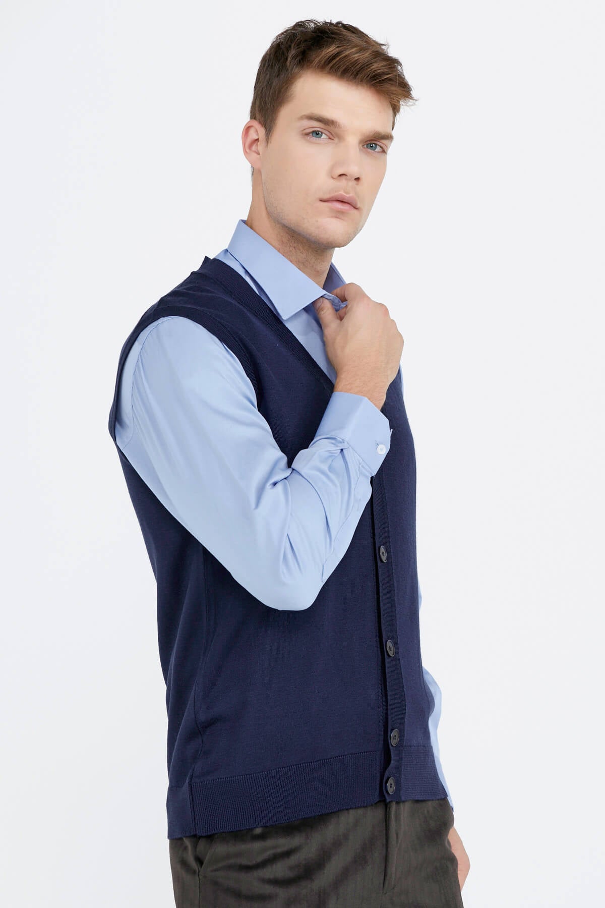 Erkek V Yaka Düğmeli Triko Yelek - Lacivert (2) Sementa