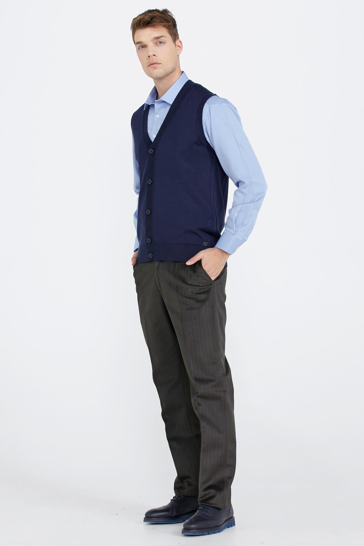 Erkek V Yaka Düğmeli Triko Yelek - Lacivert (3) Sementa
