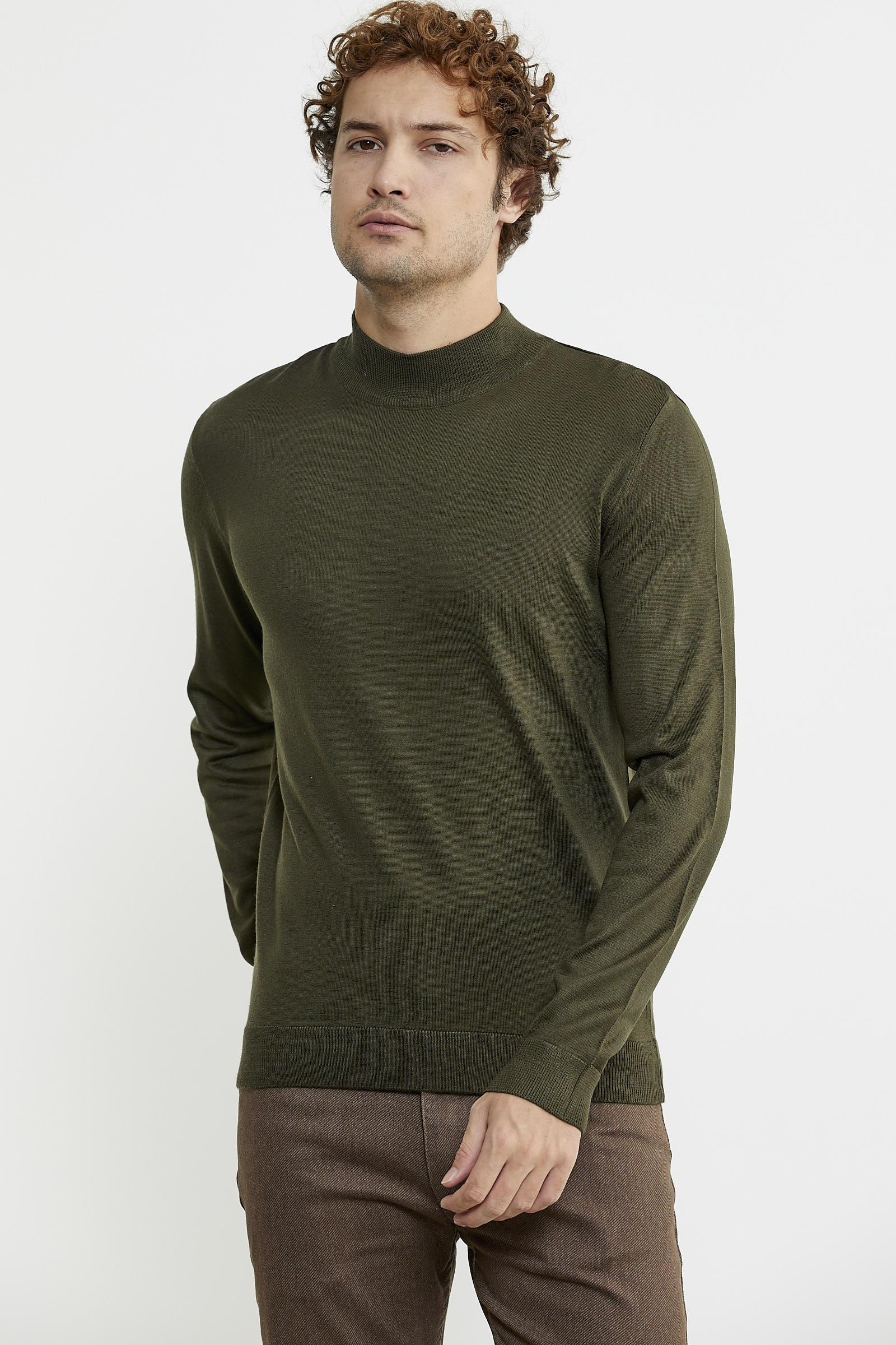 Erkek Yarım Boğazlı Triko Kazak - Haki - Sementa