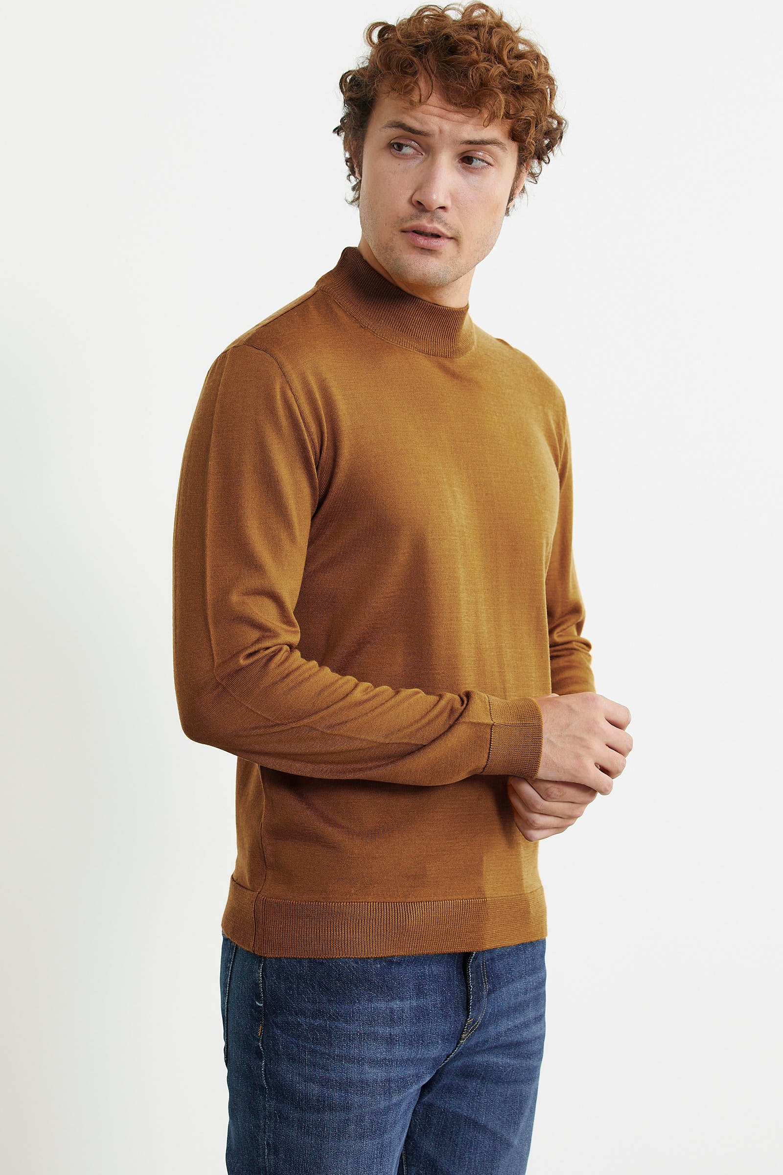 Erkek Yarım Boğazlı Triko Kazak - Hardal - Sementa