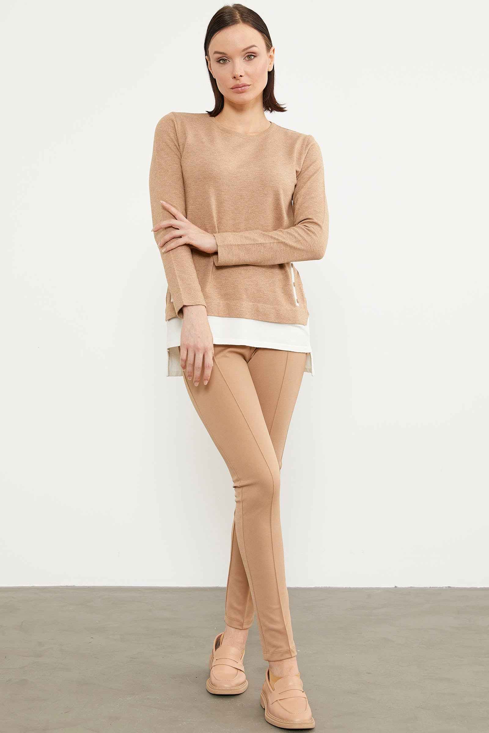 Etek Ucu Parçalı Triko Kazak - Bej (3) Sementa