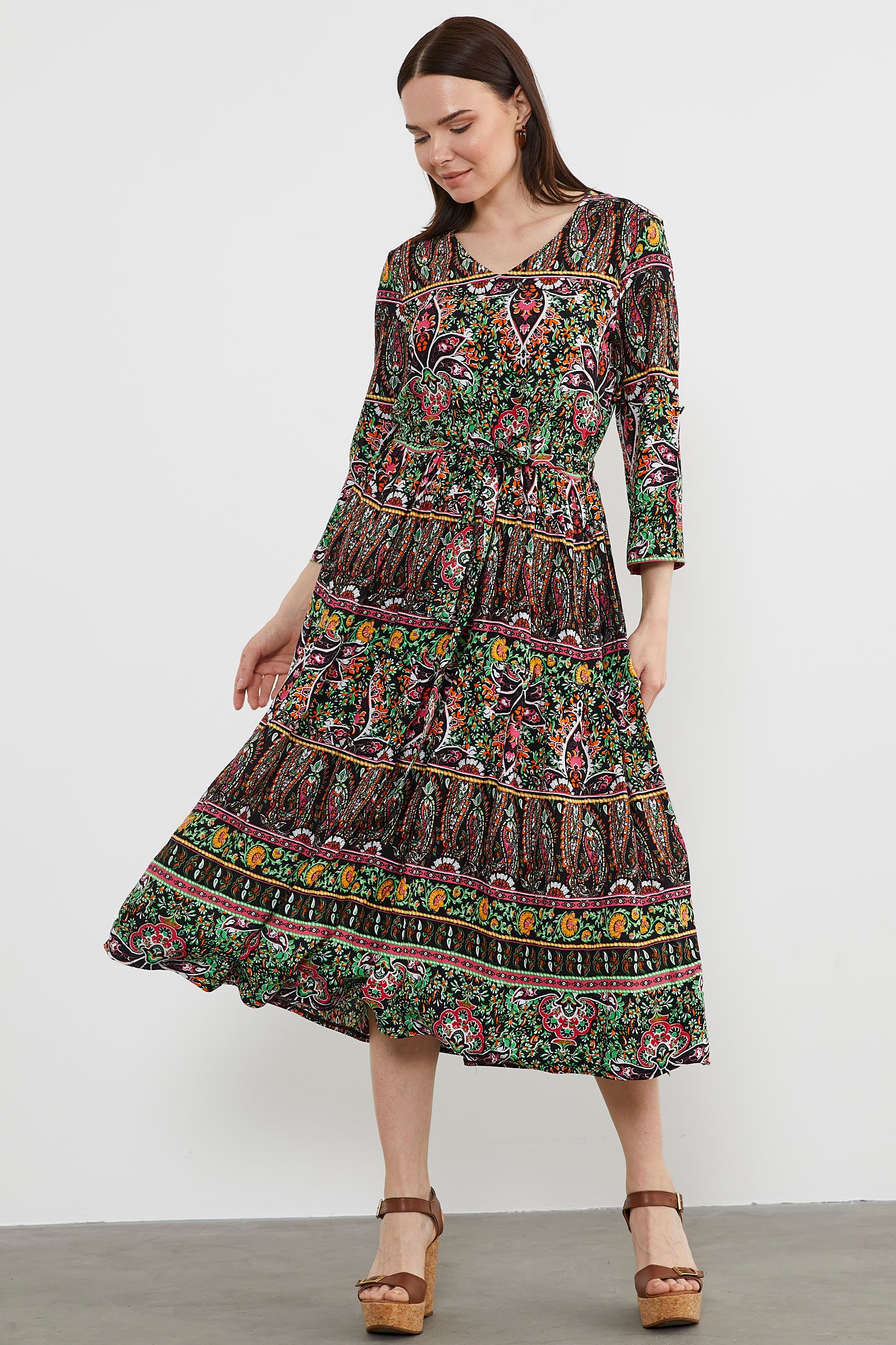 Etnik Desen Uzun Renkli Elbise - Siyah (3) Sementa