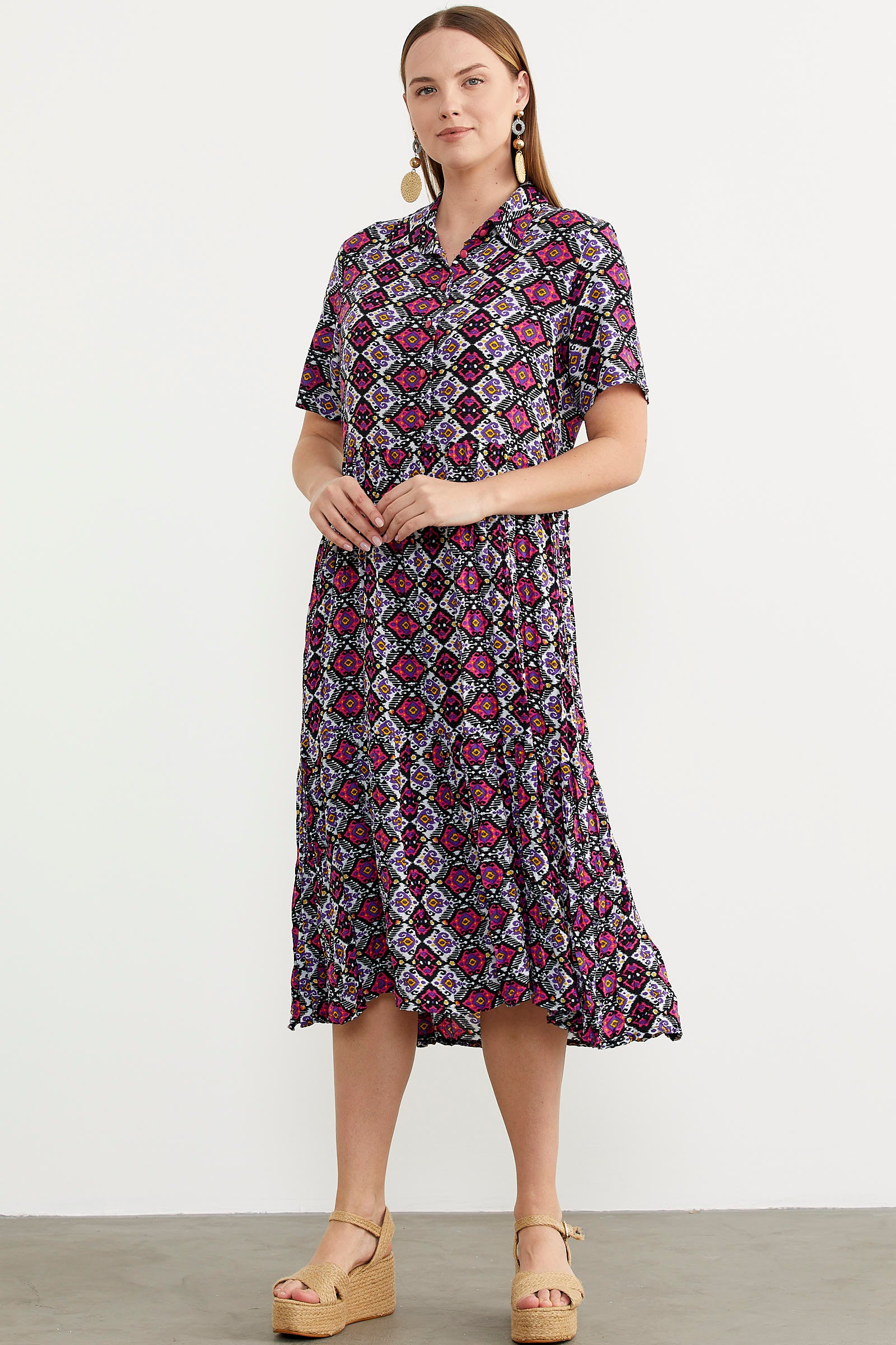 Etnik Desenli Rahat Kalıp Gömlek Elbise - Siyah (2) Sementa