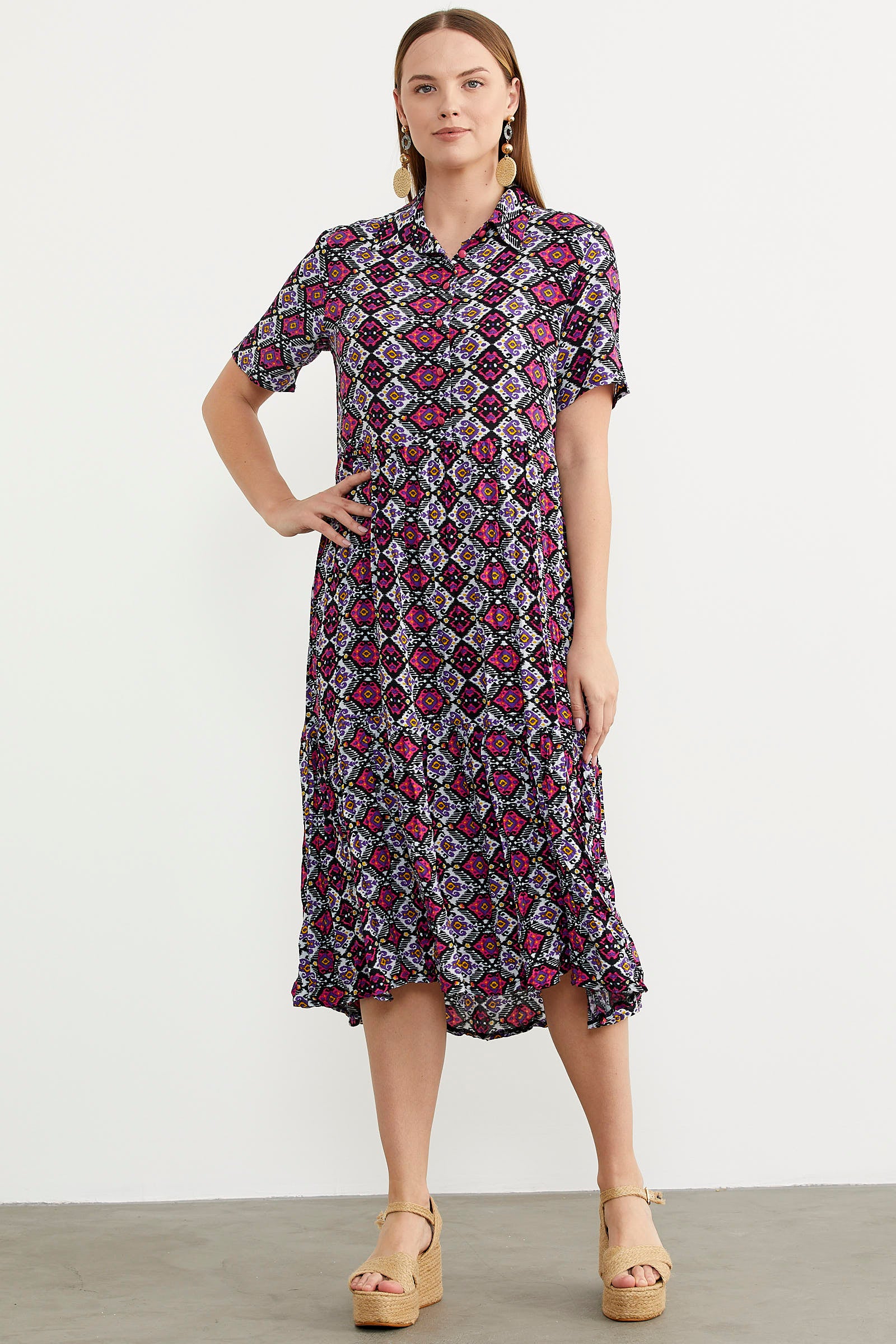 Etnik Desenli Rahat Kalıp Gömlek Elbise - Siyah (3) Sementa