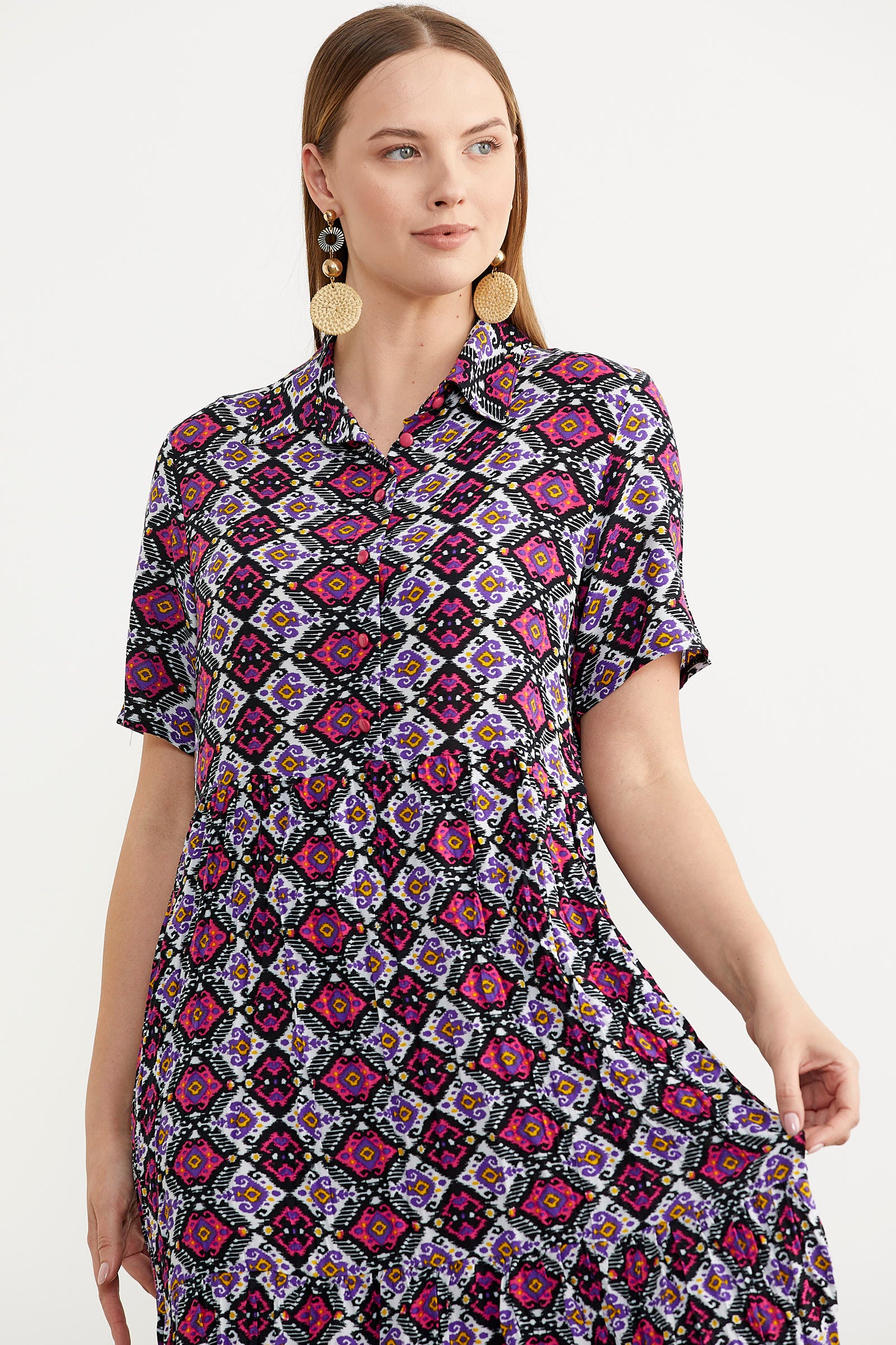 Etnik Desenli Rahat Kalıp Gömlek Elbise - Siyah (4) Sementa