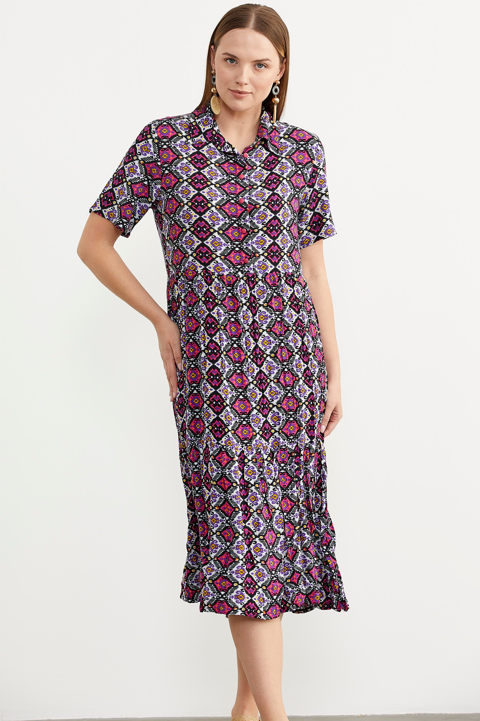 Etnik Desenli Rahat Kalıp Gömlek Elbise - Siyah (5) Sementa