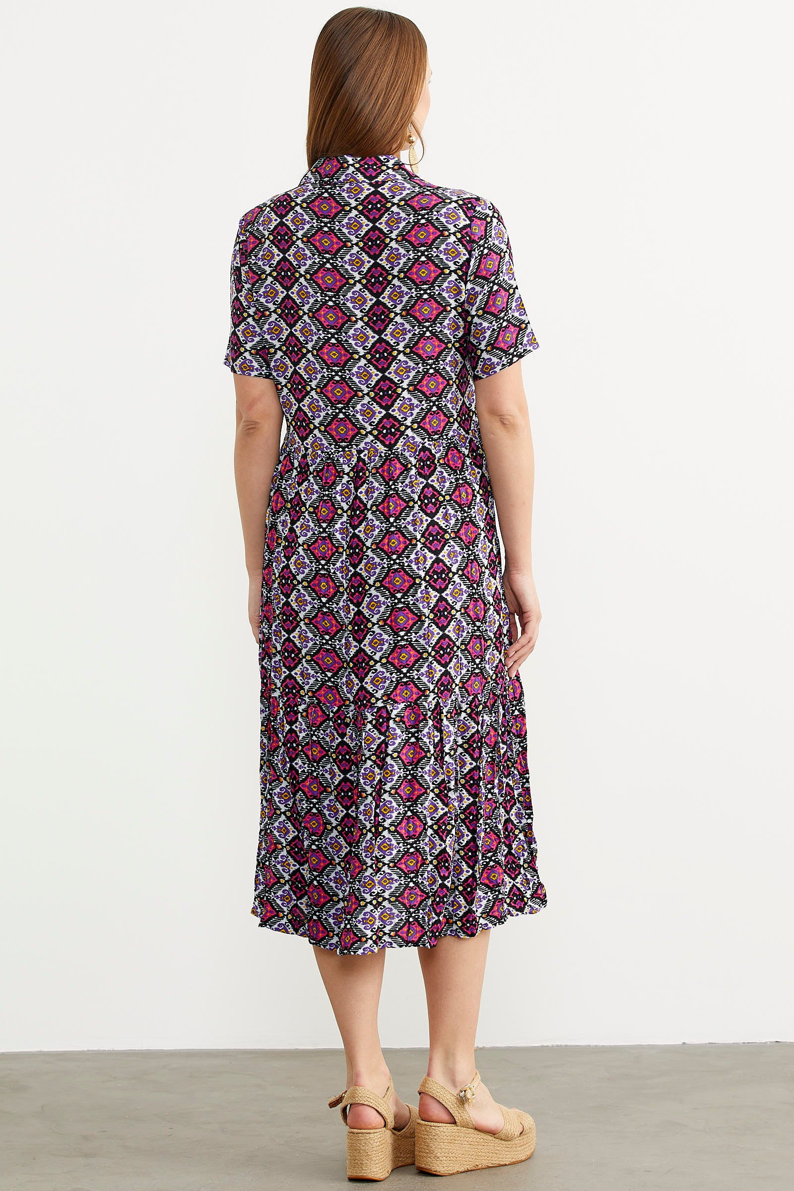 Etnik Desenli Rahat Kalıp Gömlek Elbise - Siyah (7) Sementa