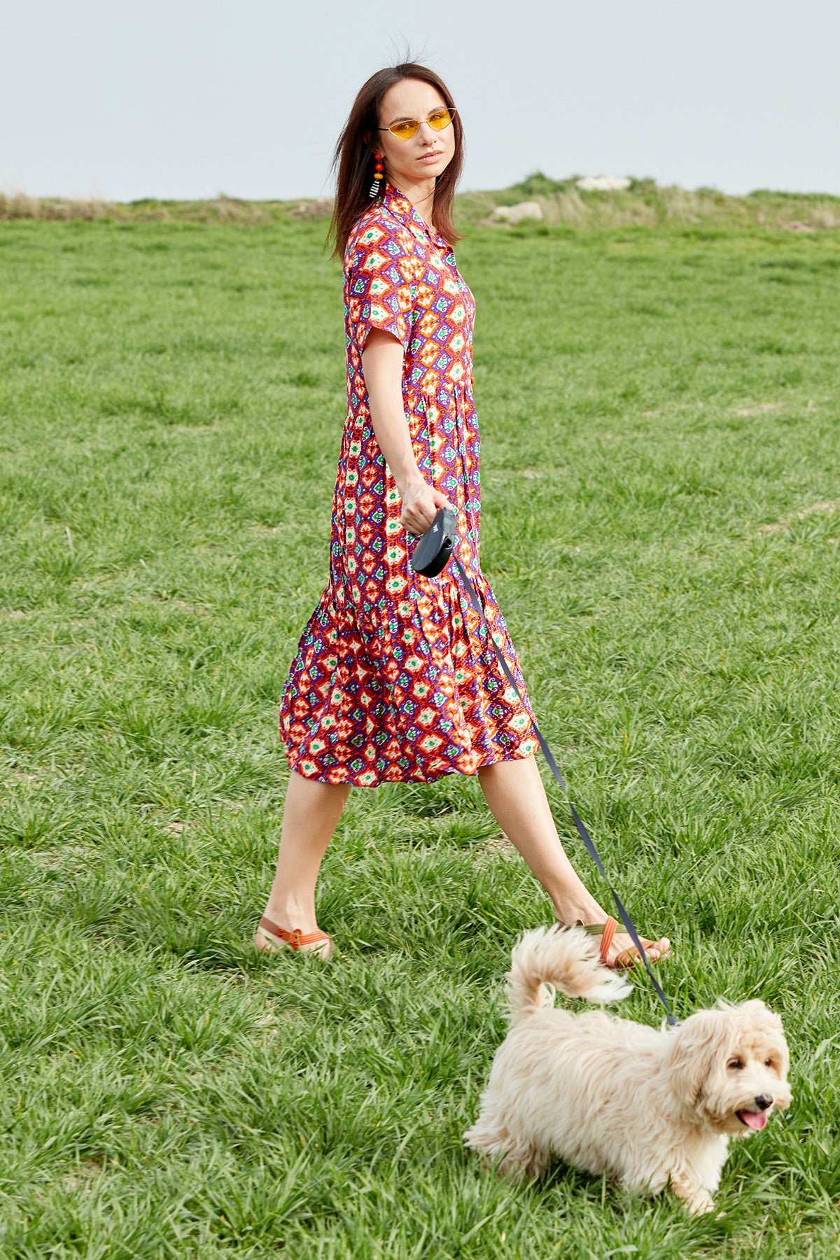 Etnik Desenli Rahat Kalıp Gömlek Elbise - Turuncu (2) Sementa