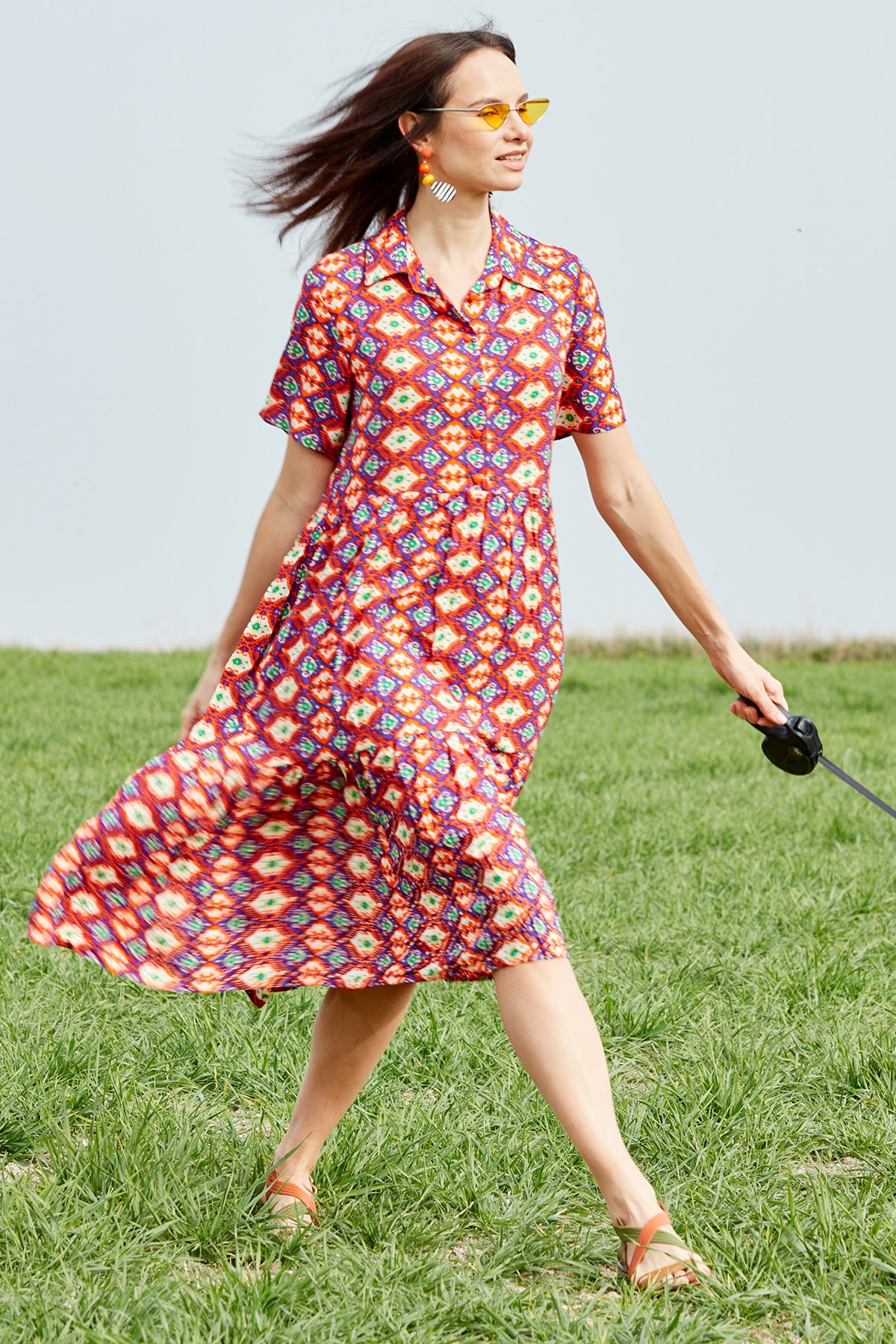 Etnik Desenli Rahat Kalıp Gömlek Elbise - Turuncu (3) Sementa