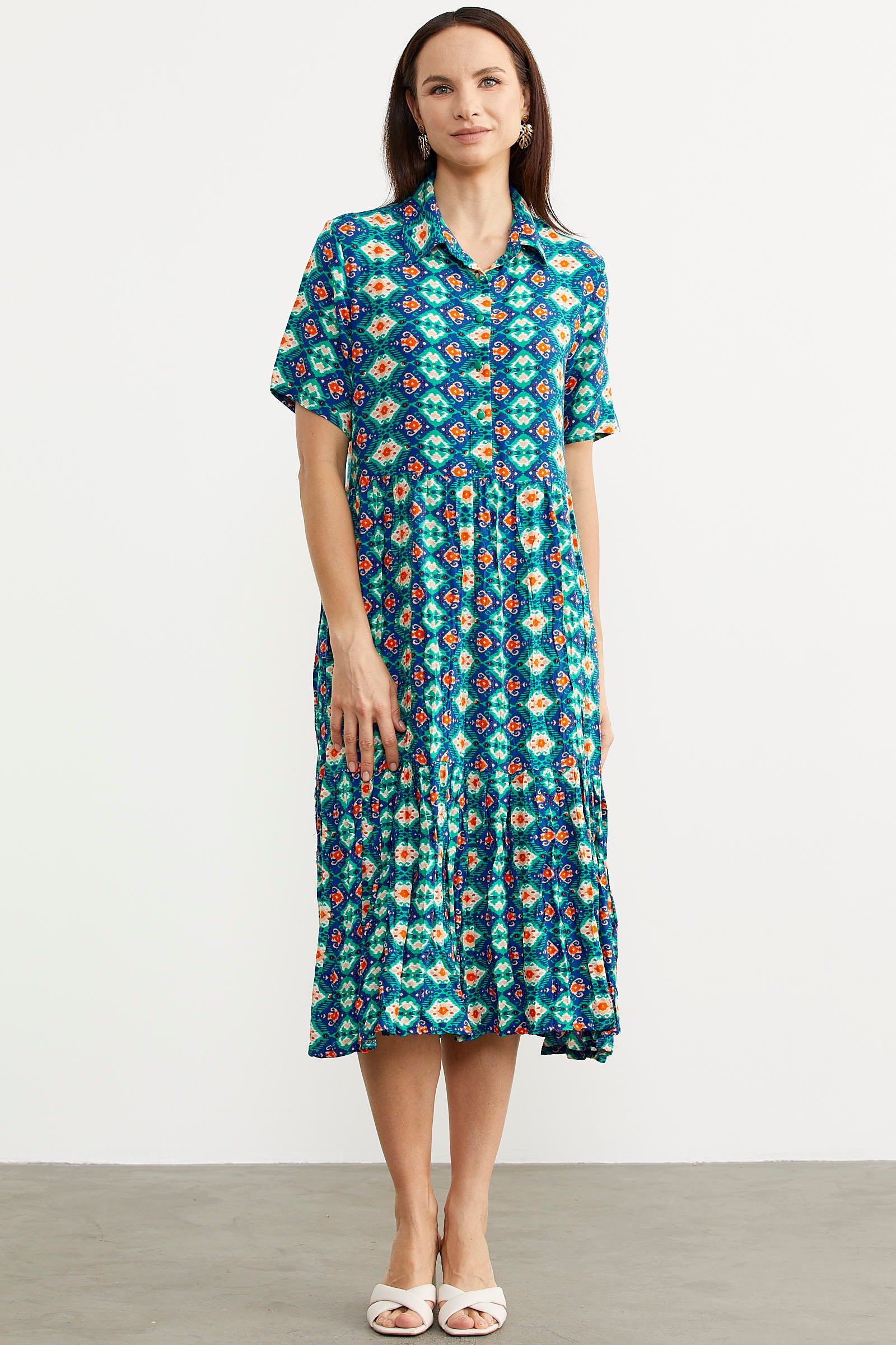 Etnik Desenli Rahat Kalıp Gömlek Elbise - Yeşil (3) Sementa