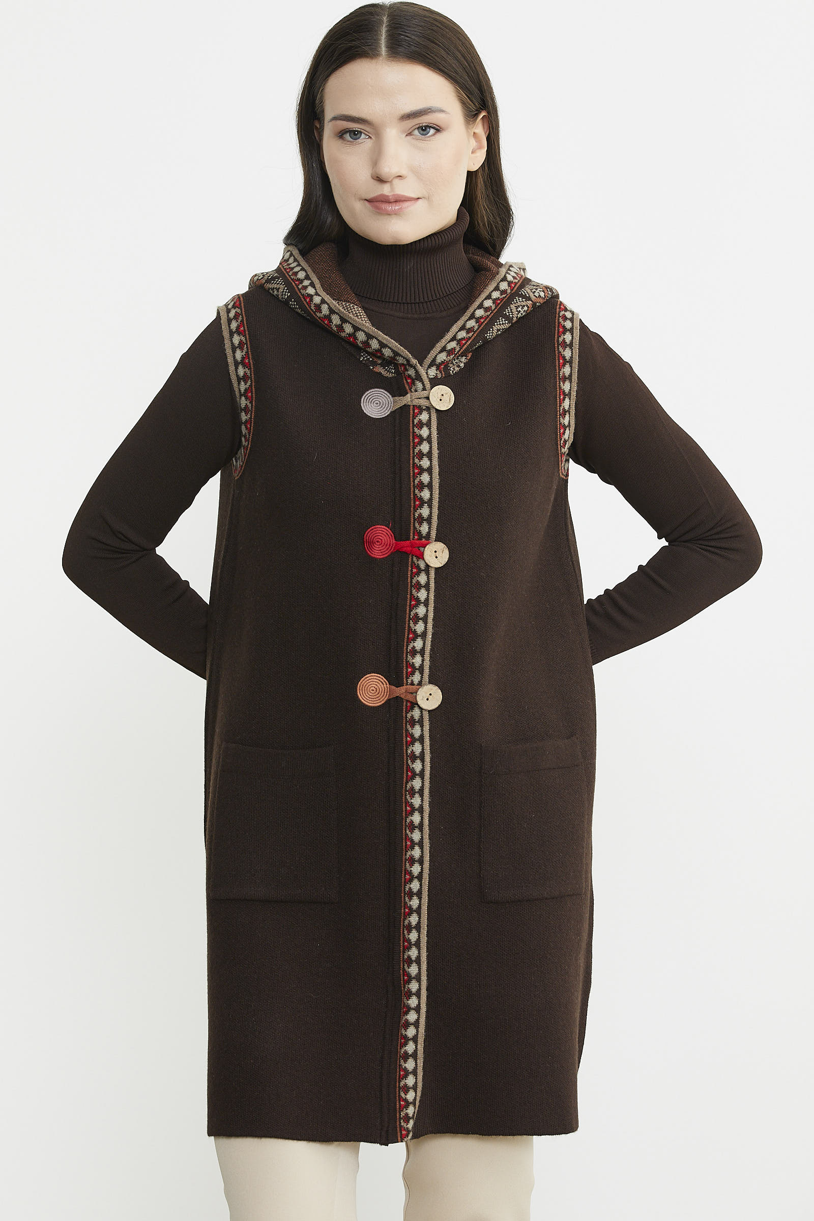 Etnik Desenli Uzun Yün Triko Yelek - Kahve - Sementa