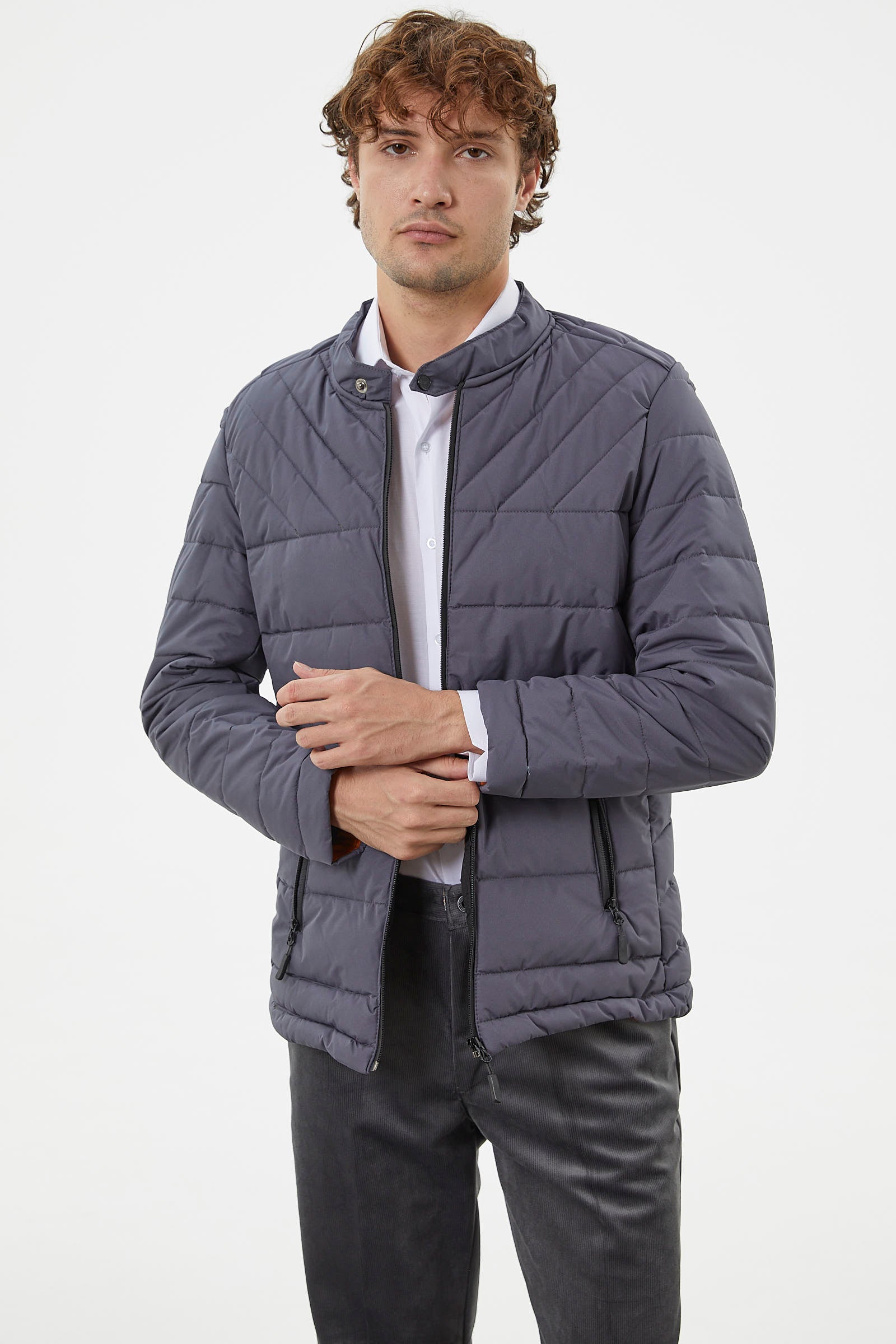 Fermuar Cepli Kapitone Kısa Mont - Gri (3) Sementa