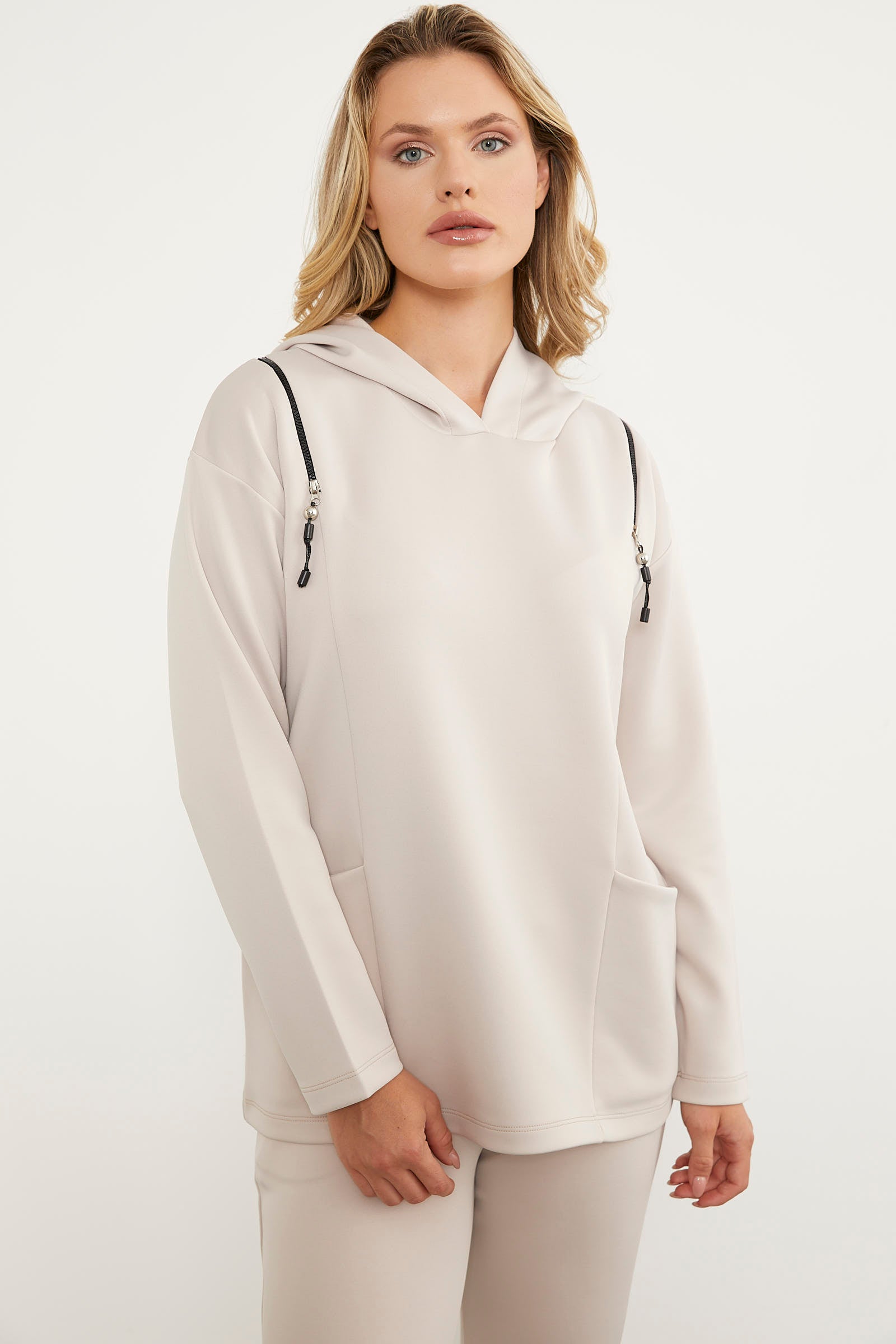 Fermuar Detaylı Cepli Eşofman Takım - Bej (3) Sementa