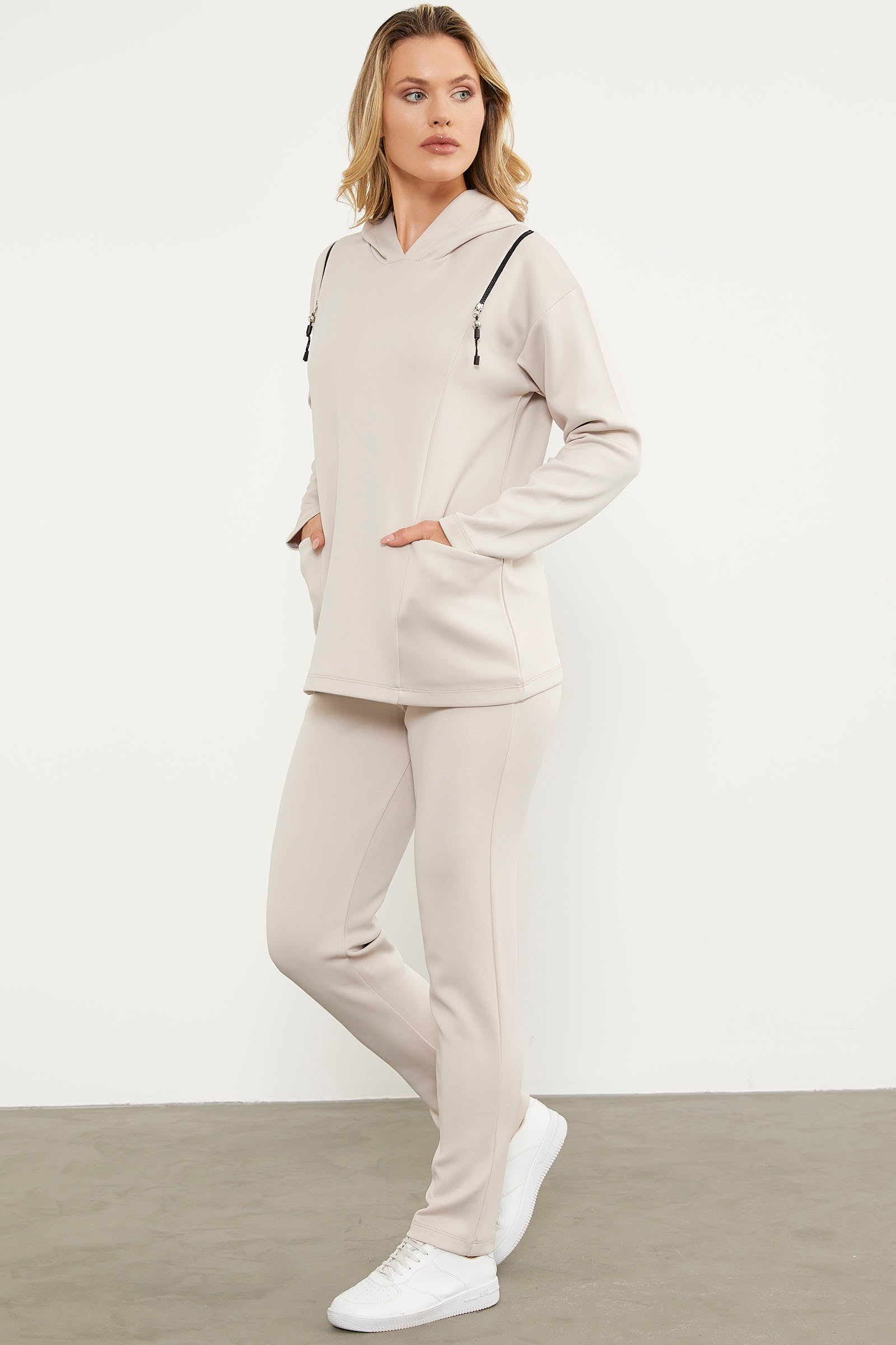 Fermuar Detaylı Cepli Eşofman Takım - Bej (2) Sementa