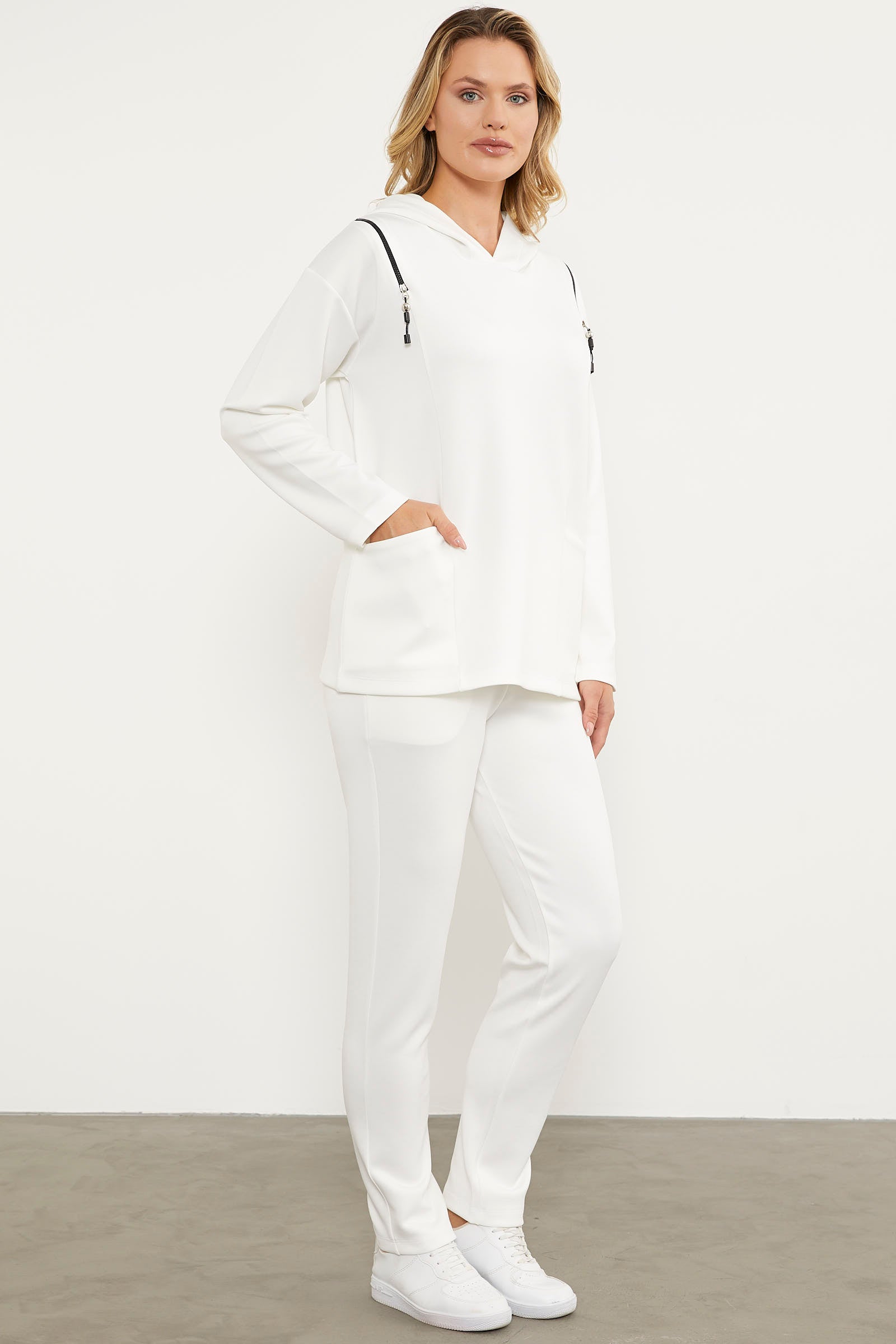 Fermuar Detaylı Cepli Eşofman Takım - Ekru (3) Sementa