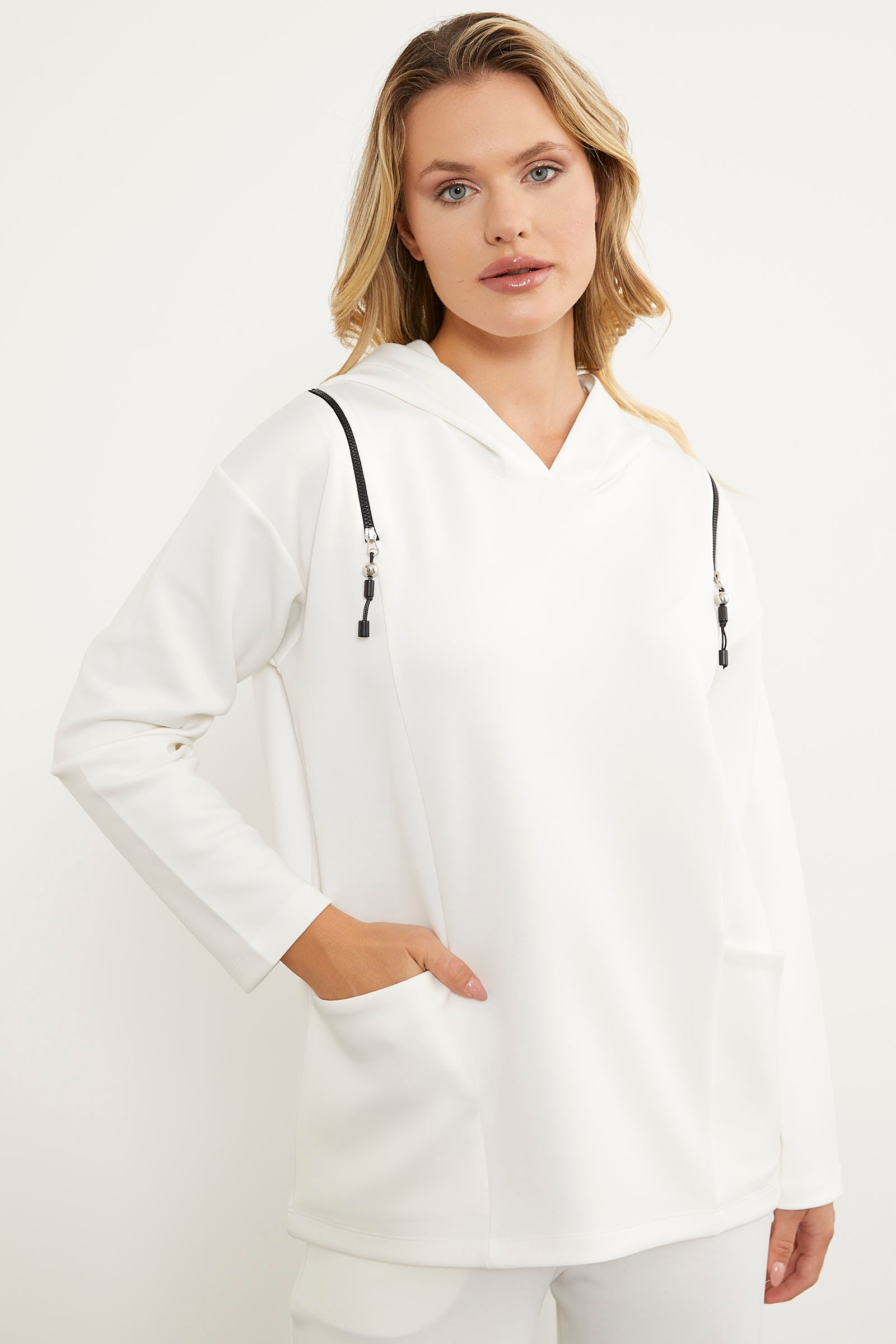 Fermuar Detaylı Cepli Eşofman Takım - Ekru (5) Sementa