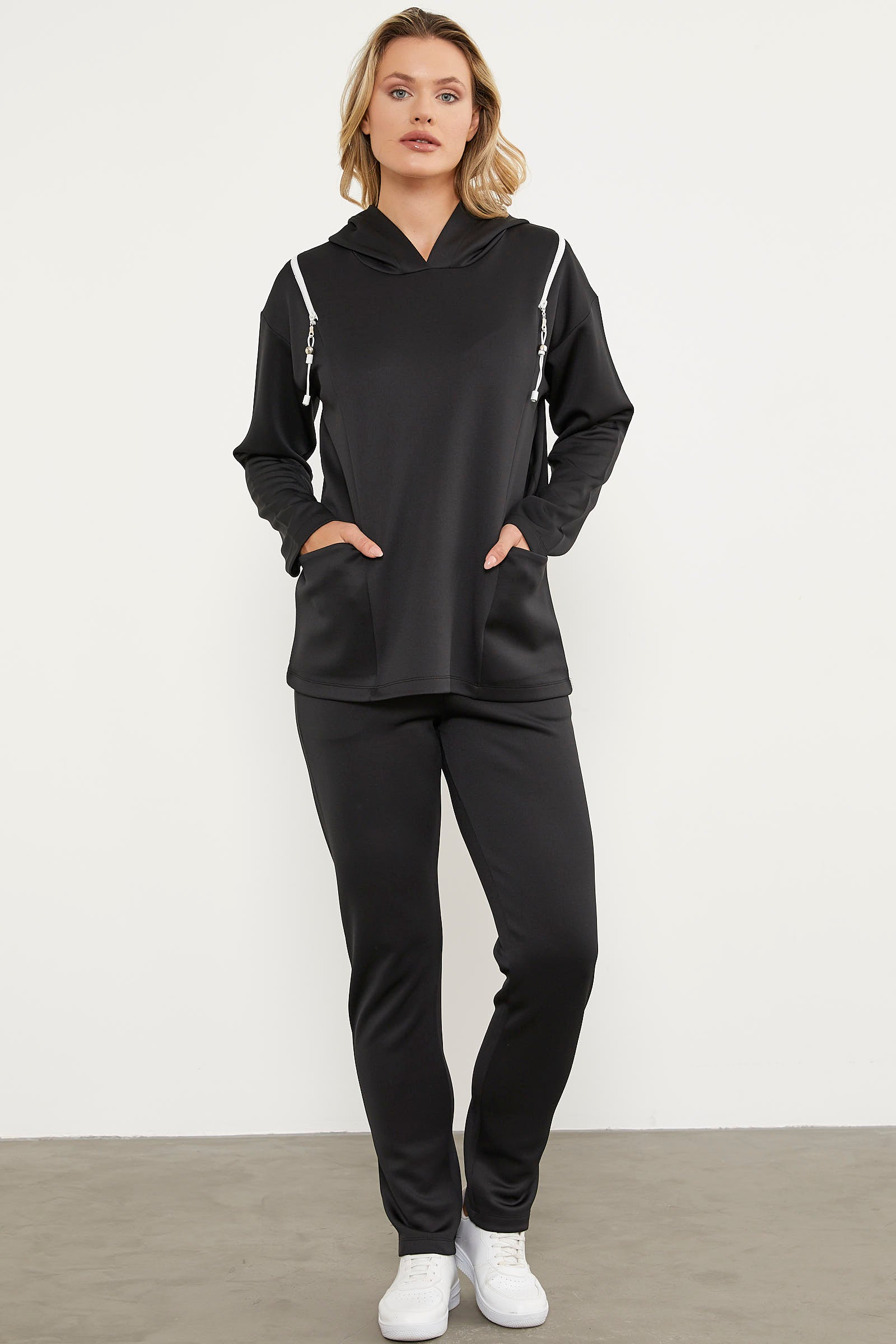 Fermuar Detaylı Cepli Eşofman Takım - Siyah (3) Sementa