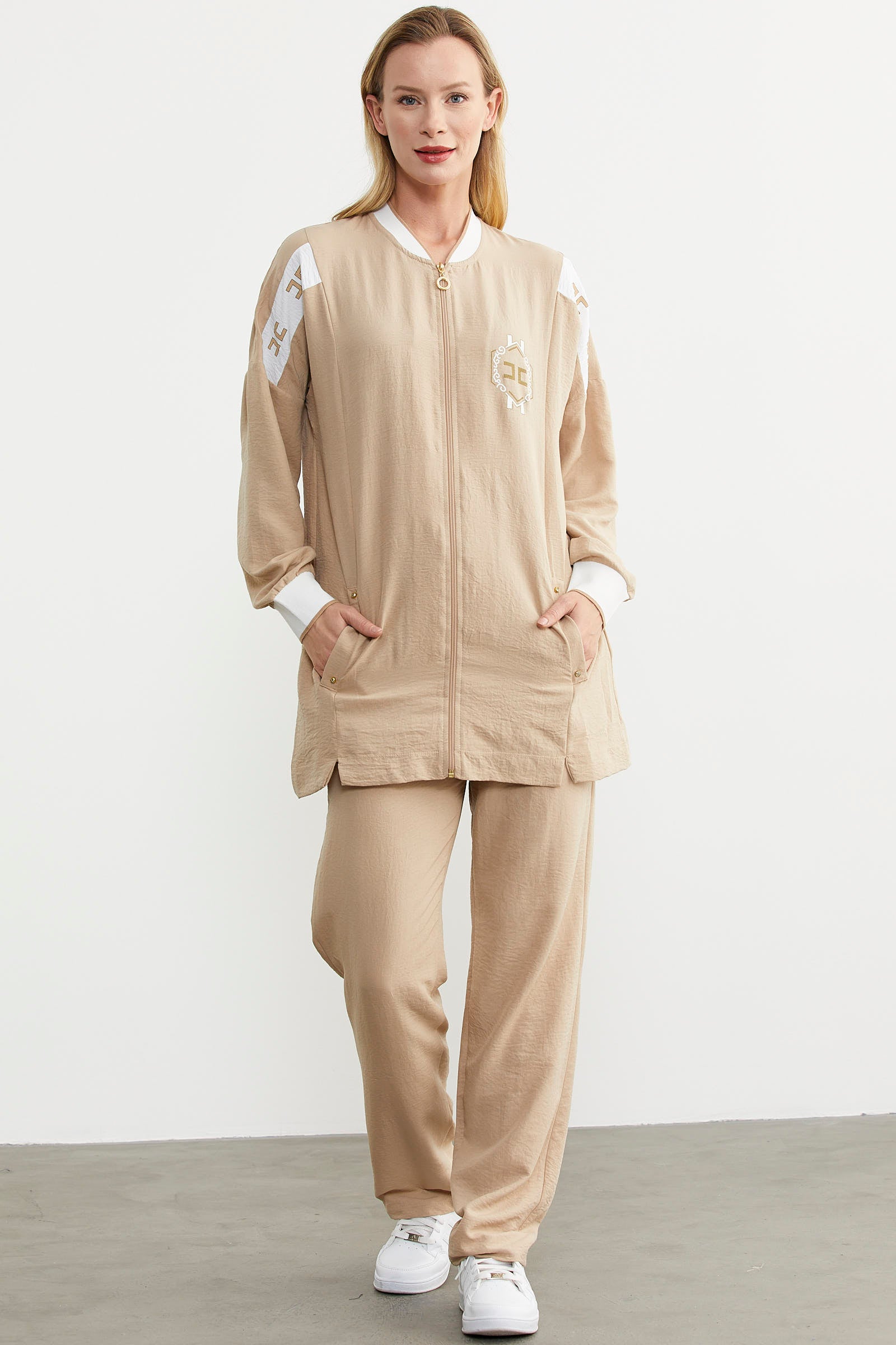 Fermuar Kapamalı Tunik Krep Takım - Taş (1) Sementa