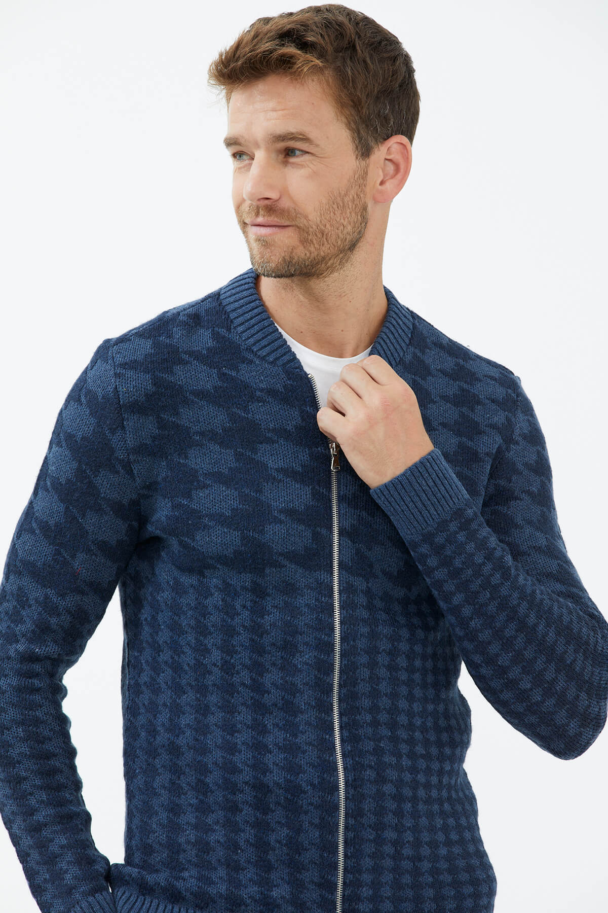 Fermuarlı Blok Desenli Triko Hırka - Indigo (4) Sementa