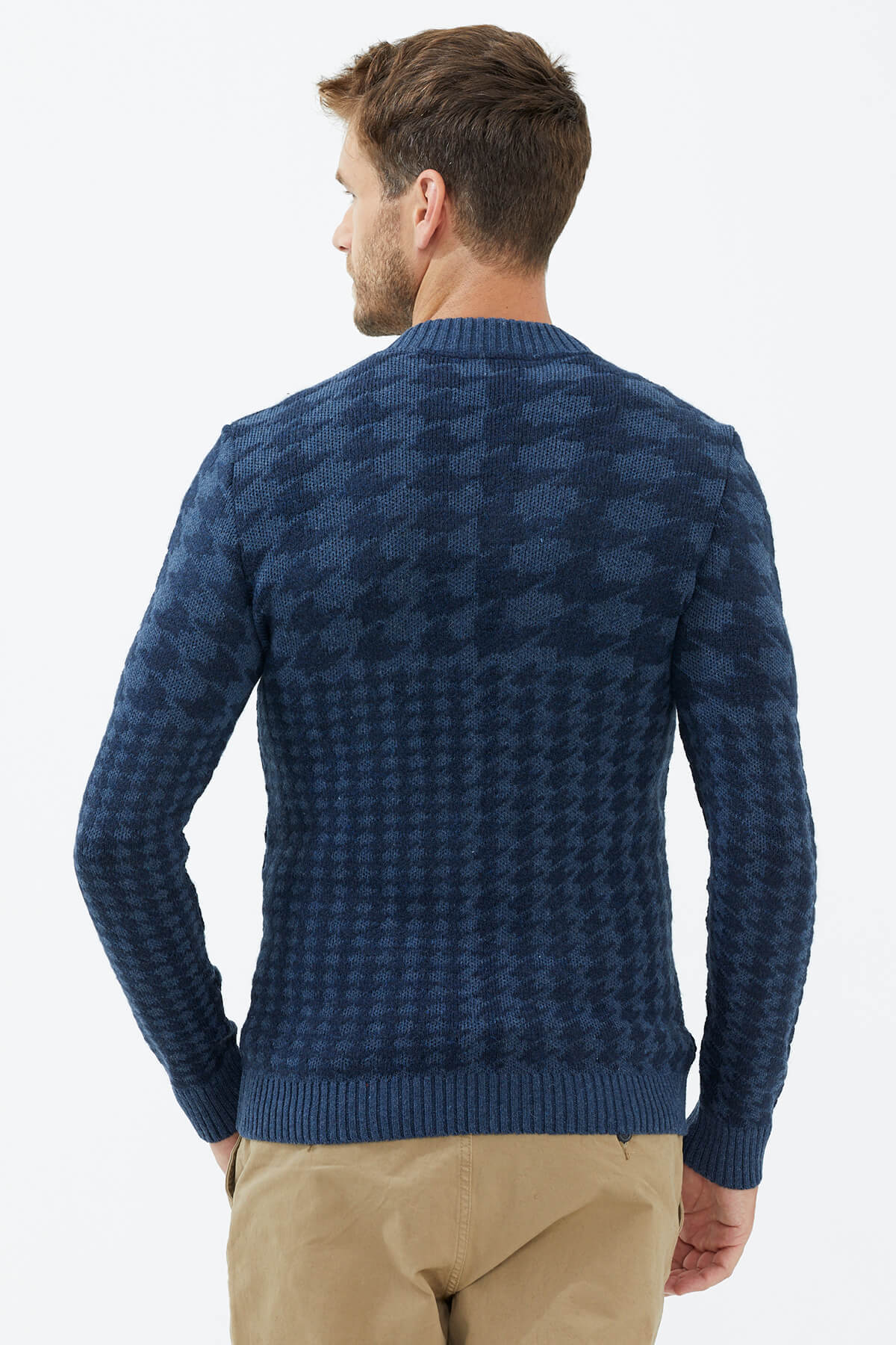 Fermuarlı Blok Desenli Triko Hırka - Indigo (5) Sementa