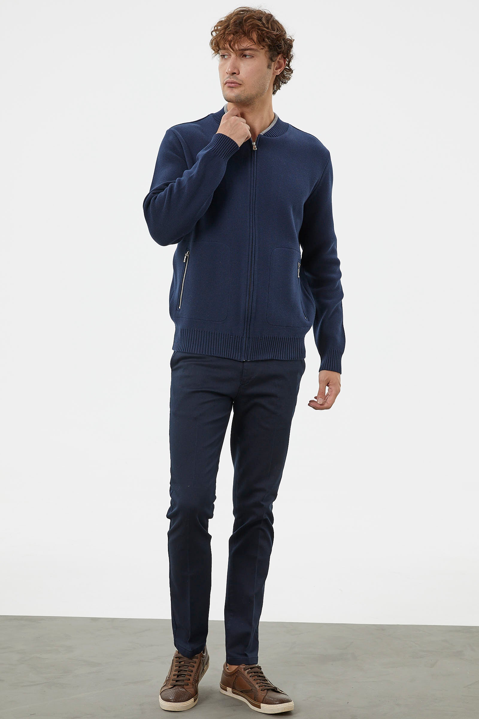 Fermuarlı Cep Detaylı Triko Hırka - Lacivert (4) Sementa